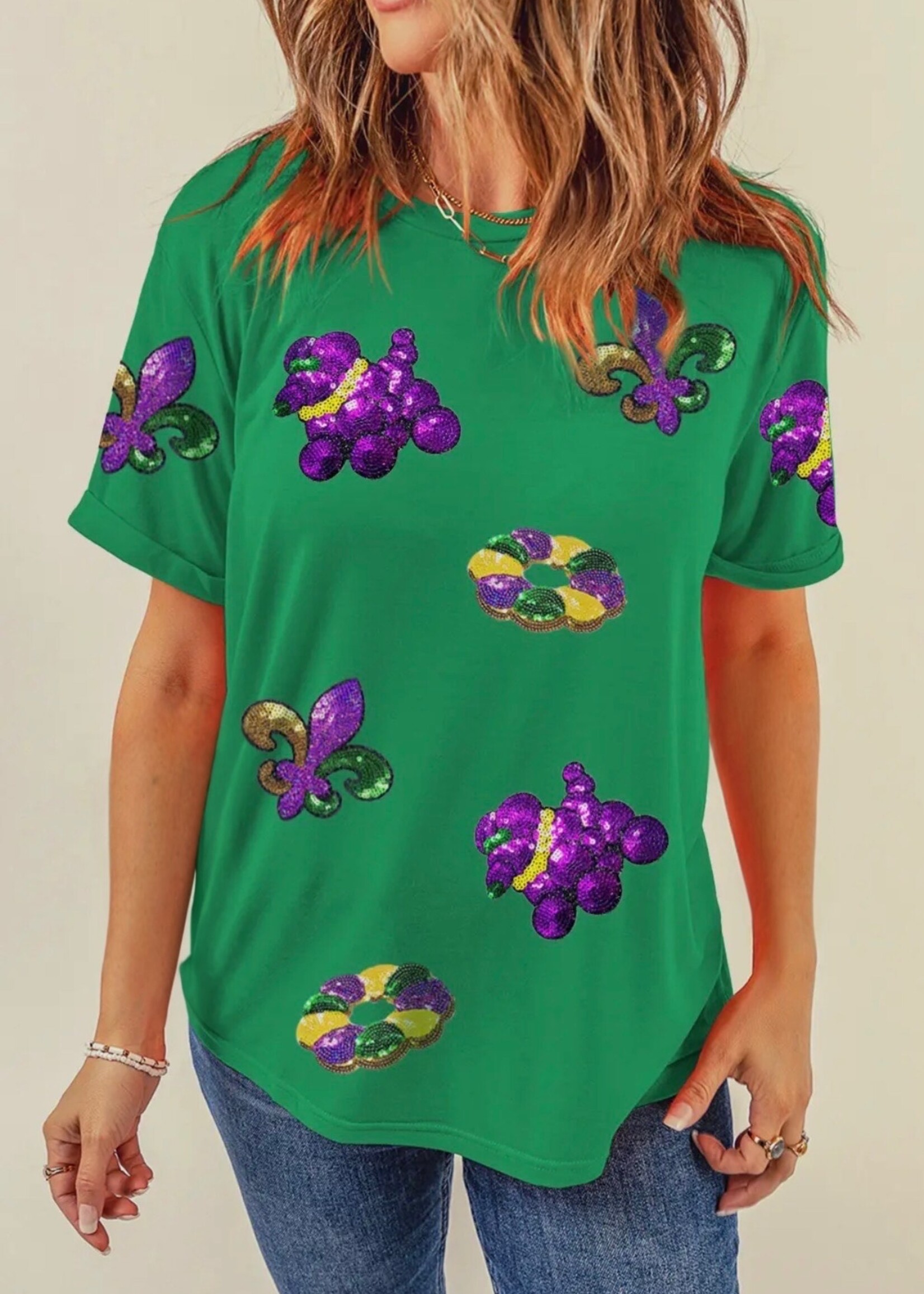 1 the Woman Green King Cake Mardi Gras Sequin Patches Tee