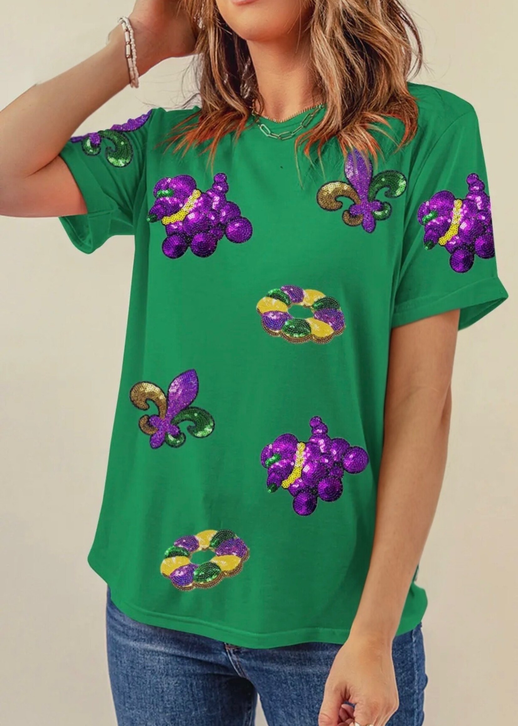 1 the Woman Green King Cake Mardi Gras Sequin Patches Tee