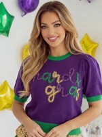 1 the Woman Mardi Gras Tinsel Short Sleeve Sweater