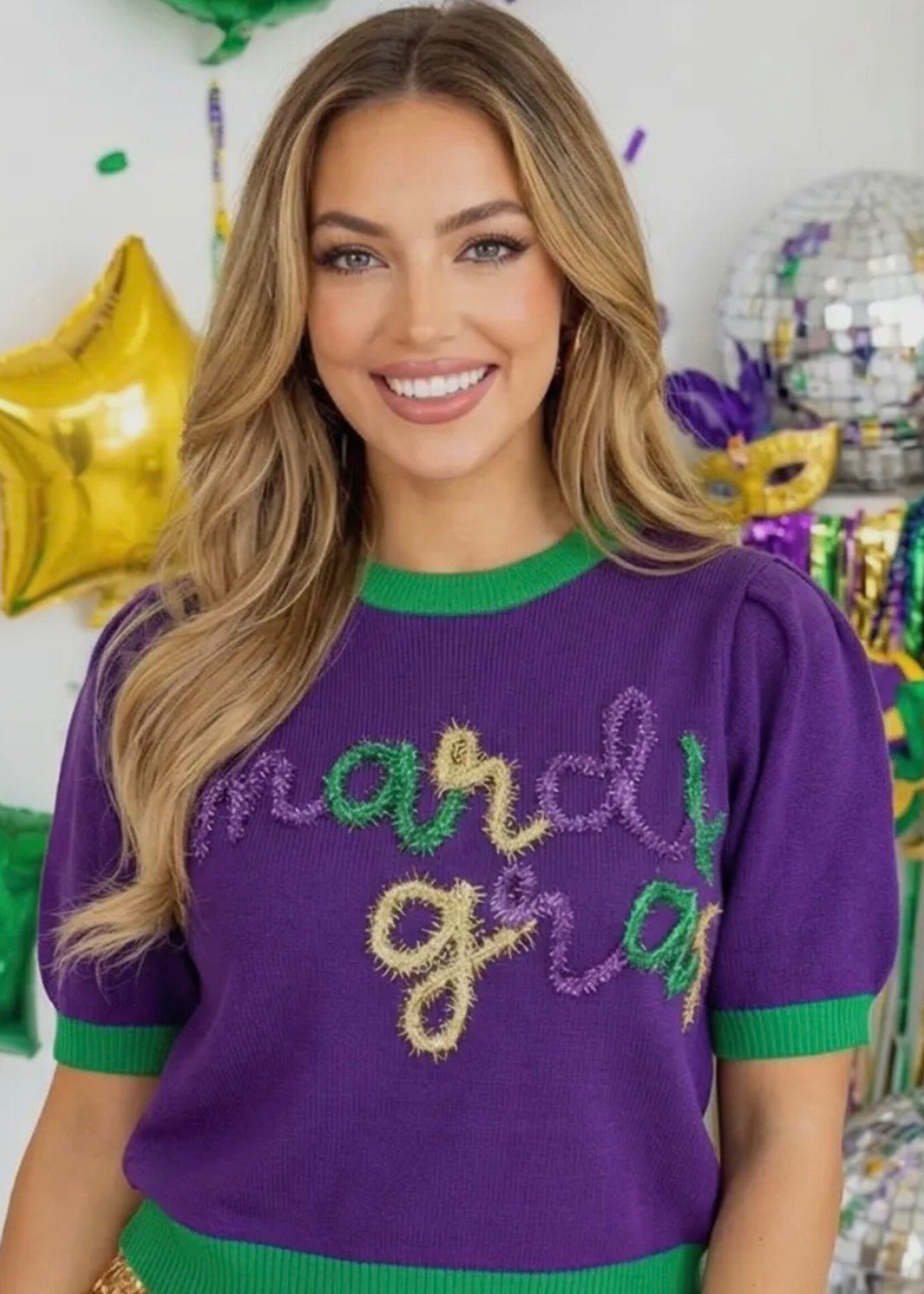 1 the Woman Mardi Gras Tinsel Short Sleeve Sweater