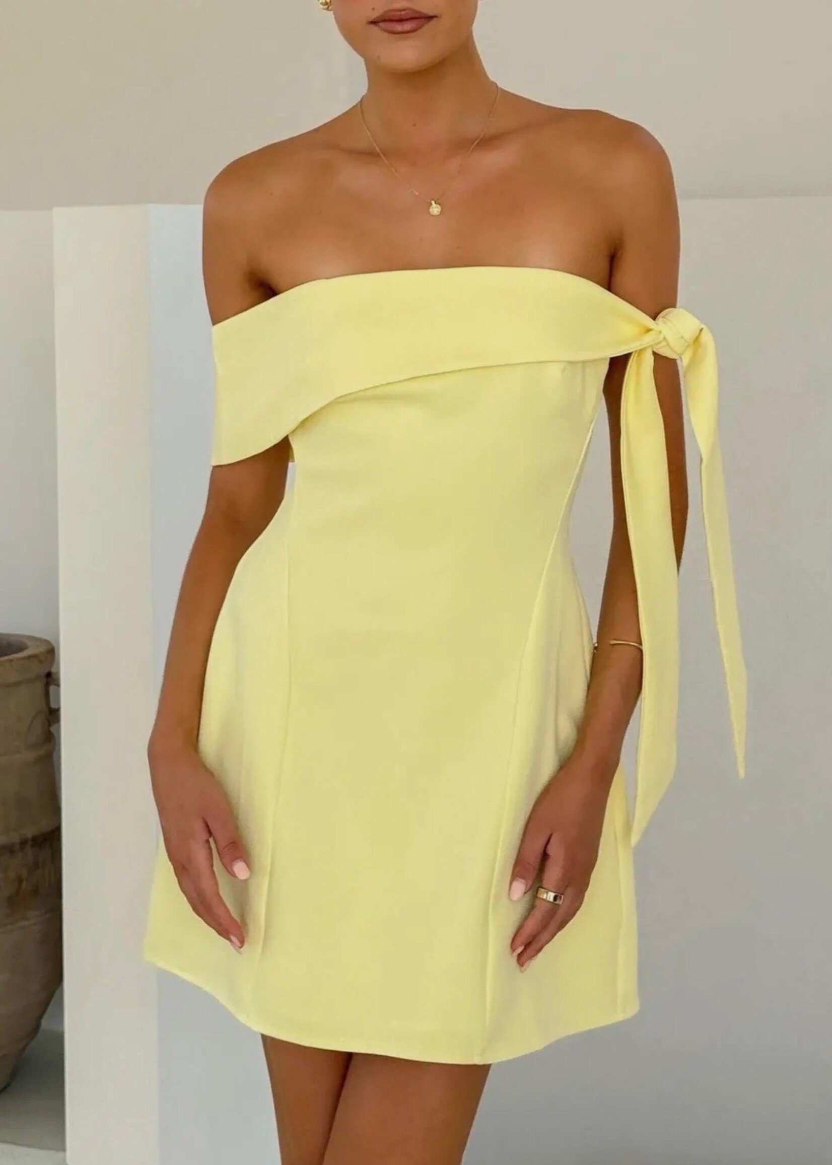 One and Only Collective Yellow Off Shoulder Tie Mini Dress