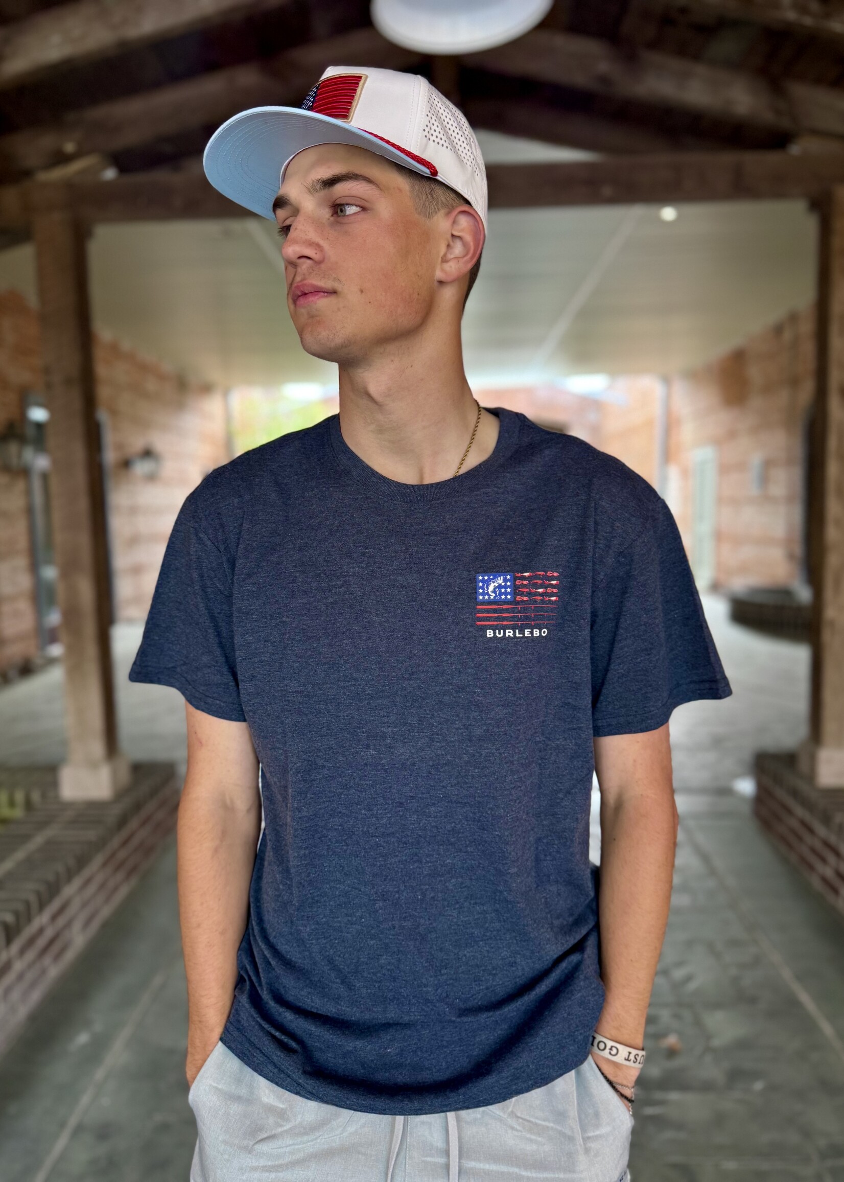 Burlebo Burlebo Adult SS Tee Fishing USA Heather Navy