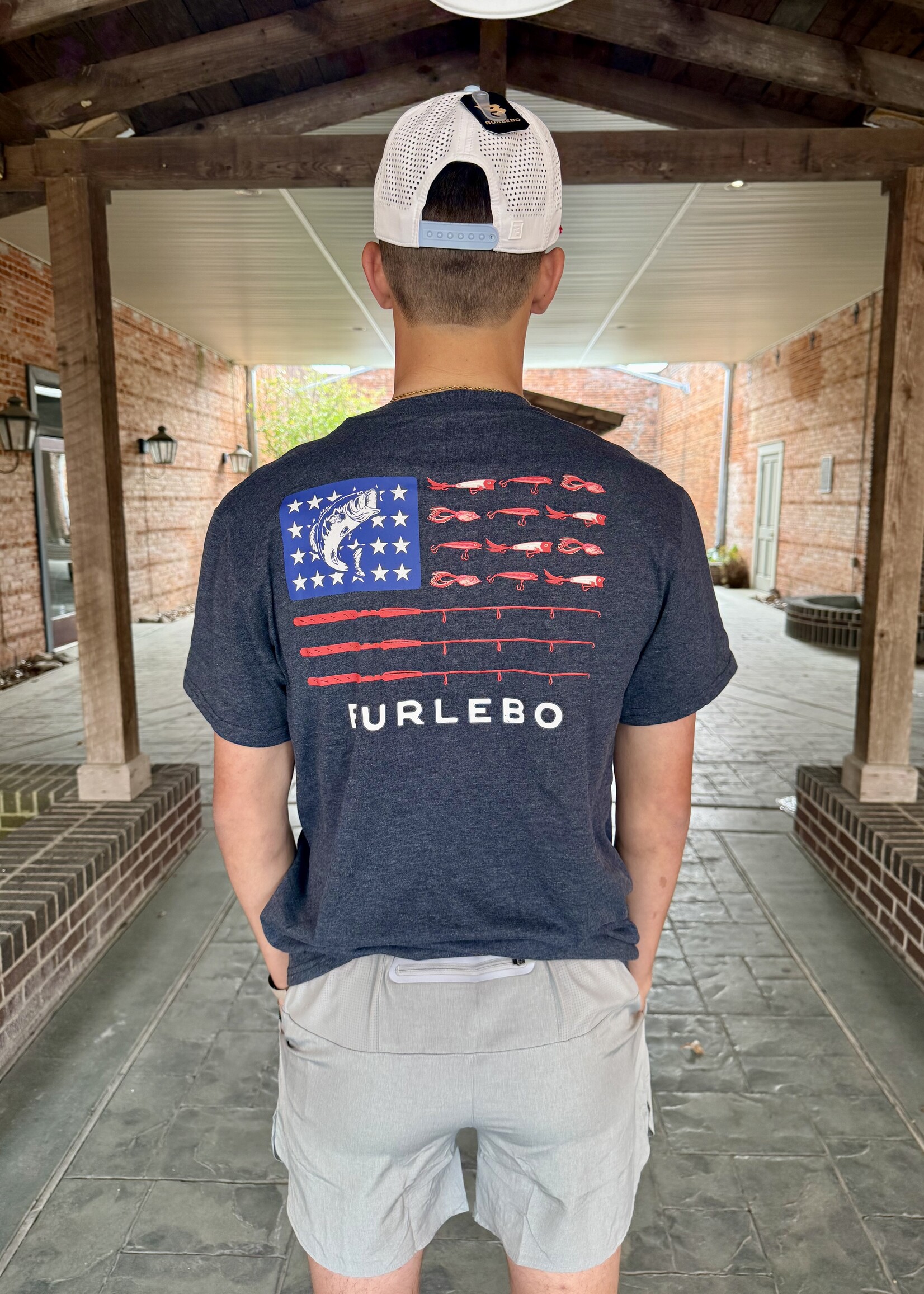 Burlebo Burlebo Adult SS Tee Fishing USA Heather Navy