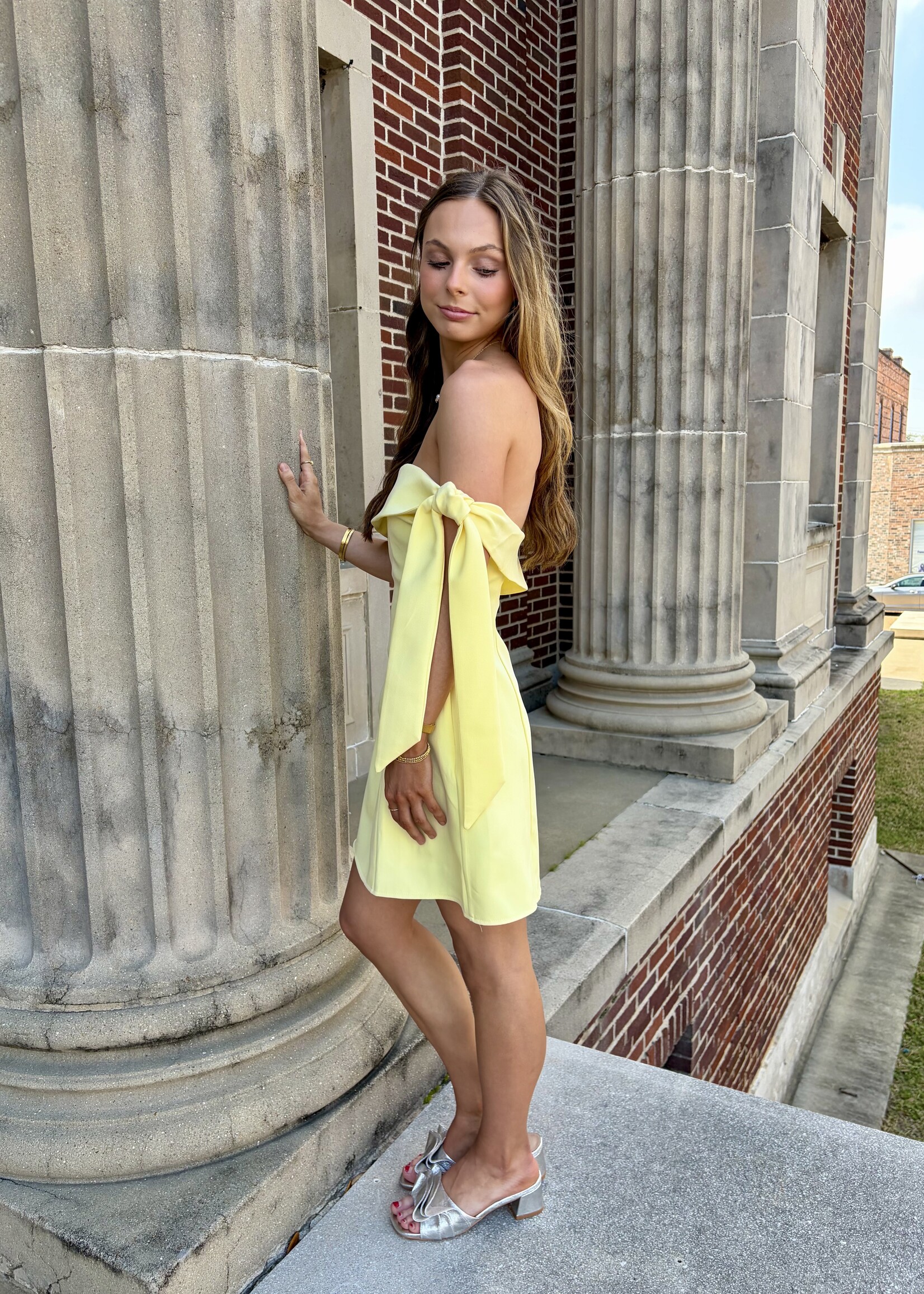 One and Only Collective Yellow Off Shoulder Tie Mini Dress