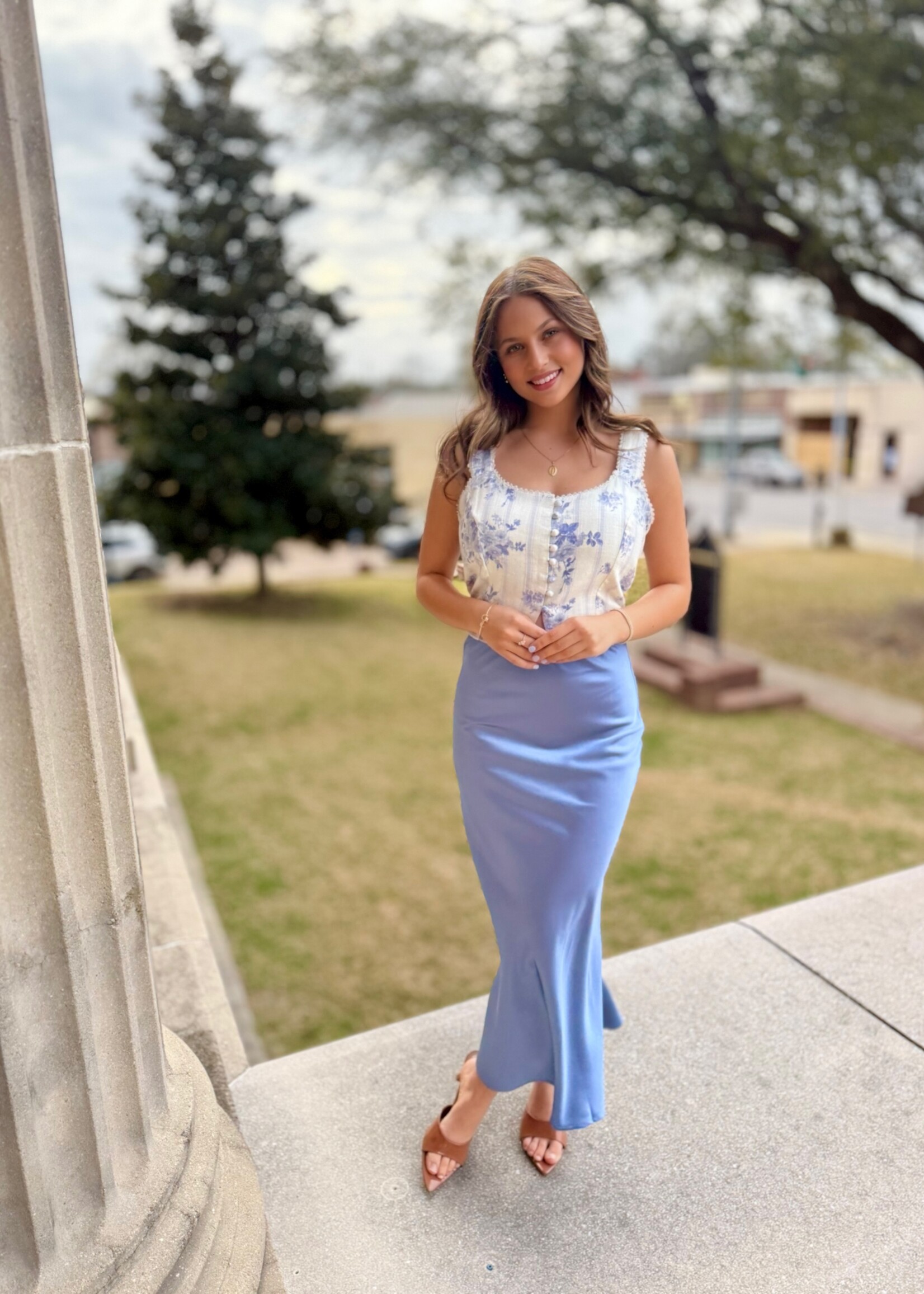 Bloom and Company Elastic Waist Band Midi Skirt Dusty Blue