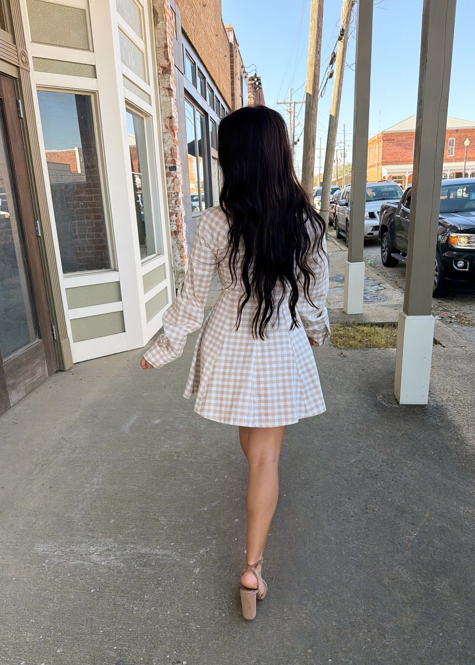 Olivaceous Khaki Gingham Button Dress