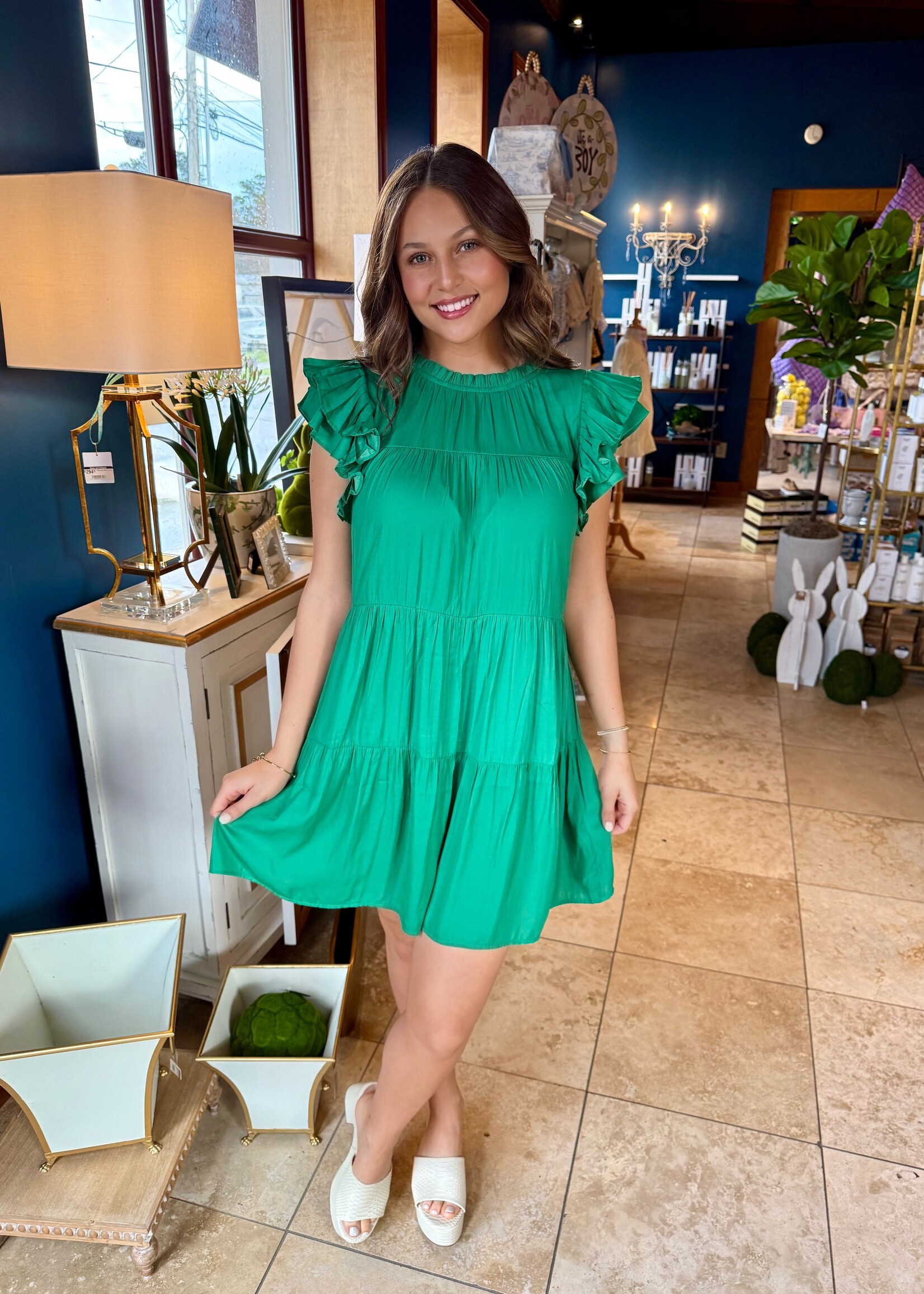 JodiFL Green Layered Short Sleeve Ruffle Dress