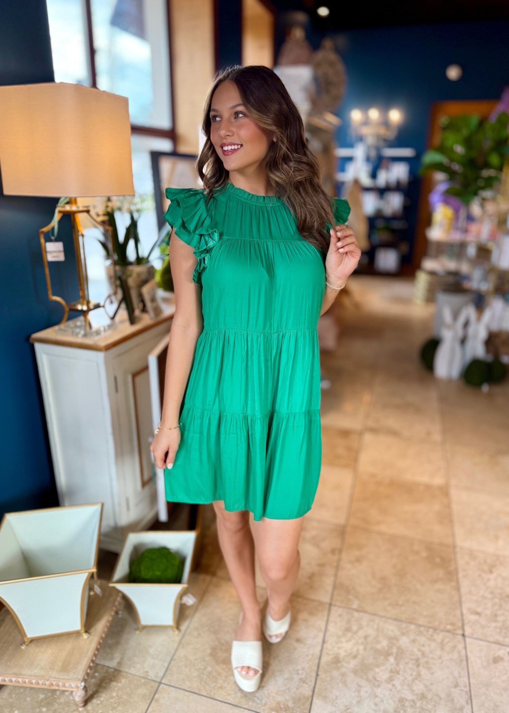 JodiFL Green Layered Short Sleeve Ruffle Dress
