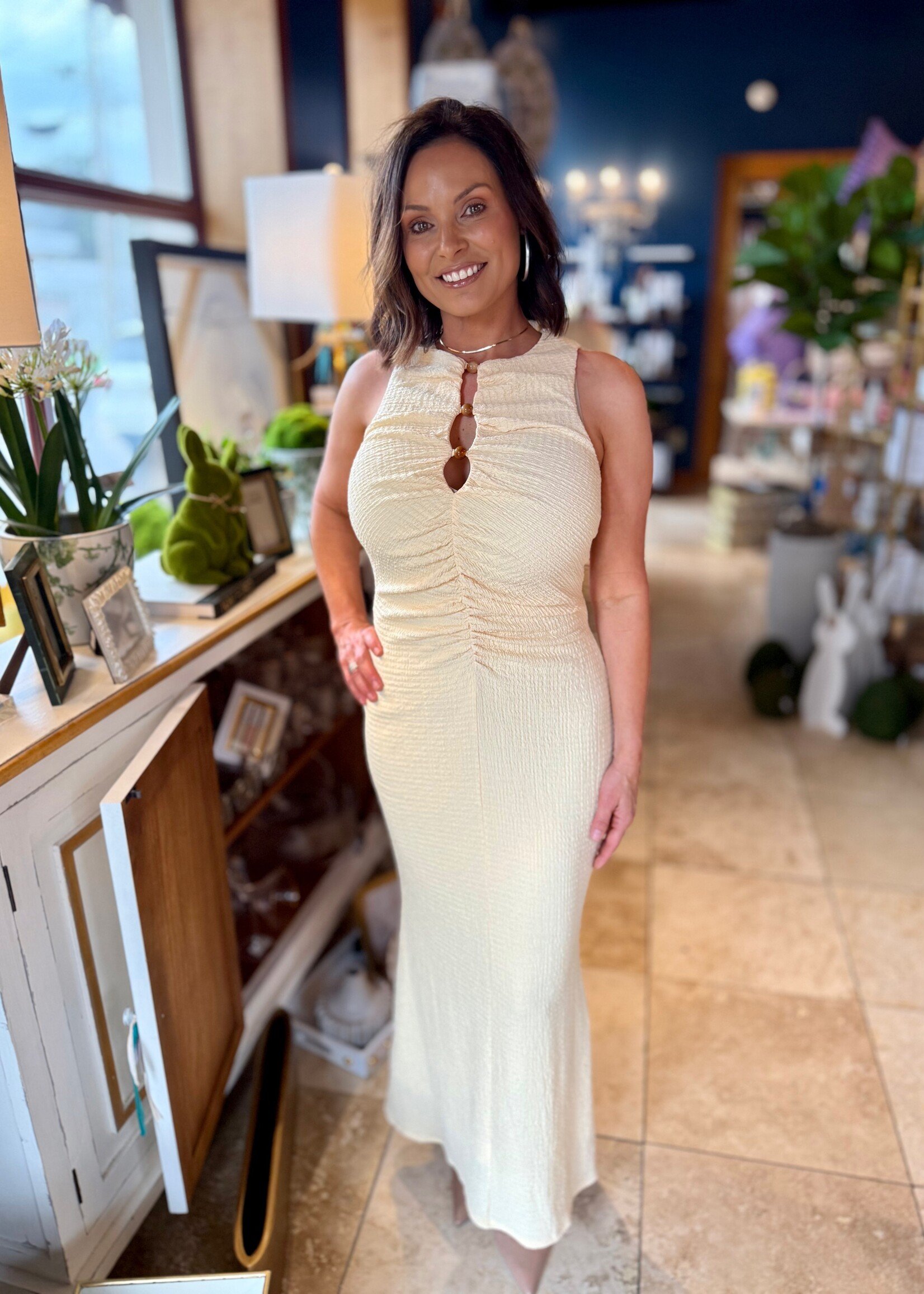 Fore Collection Yellow Center Bead Keyhole Maxi Dress