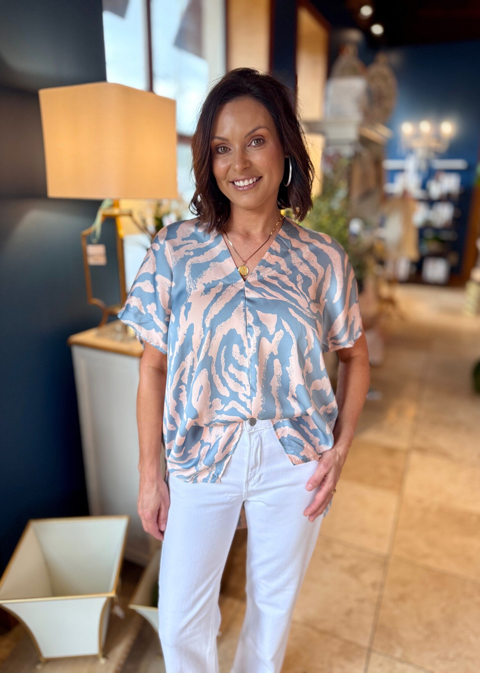 Adrienne Pastel Blue & Pink Zebra Print V-Neck Top