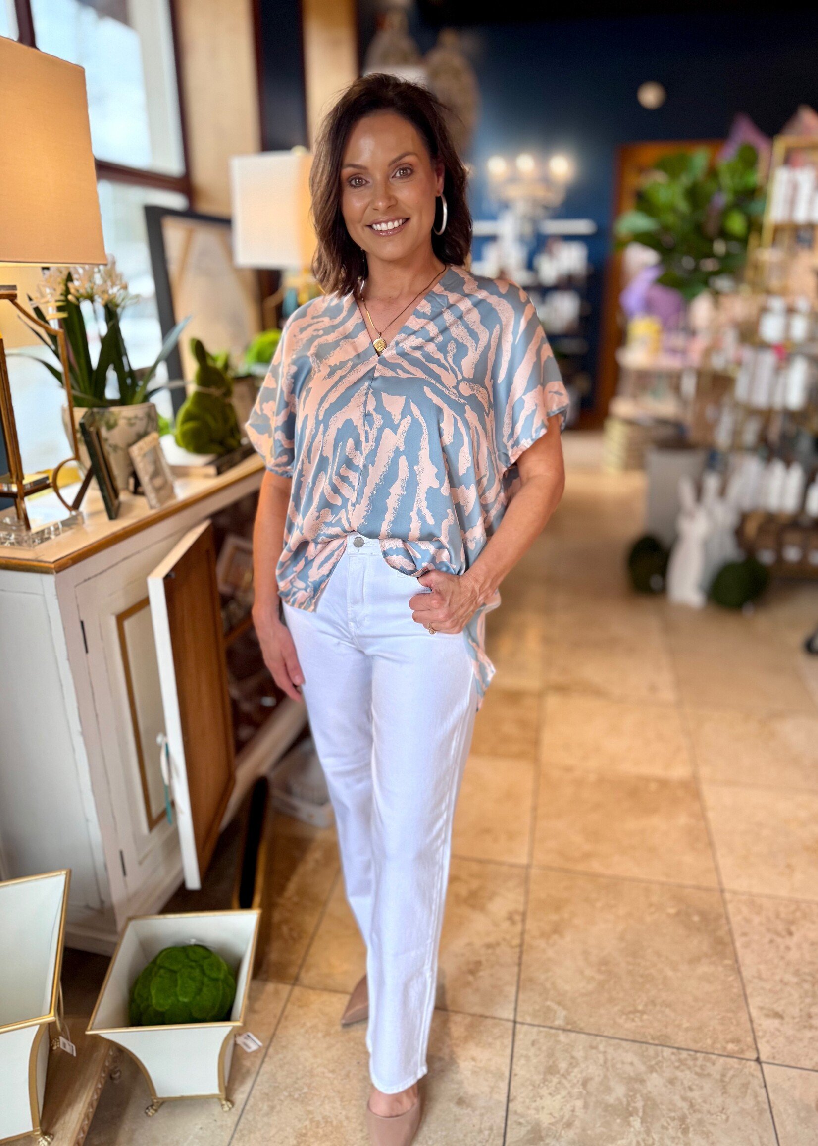 Adrienne Pastel Blue & Pink Zebra Print V-Neck Top