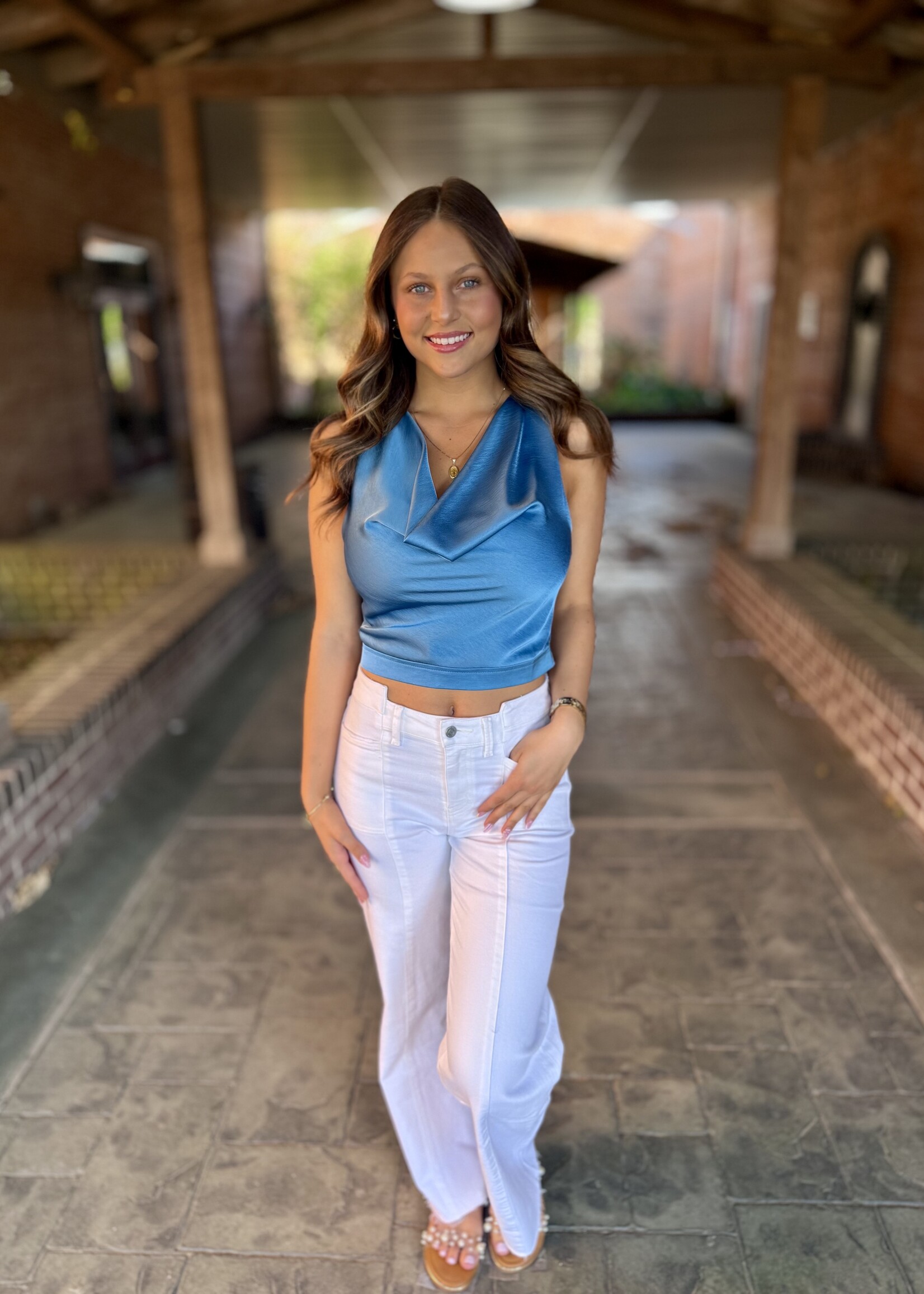 glam Slate Blue Cowl Neck Sleeveless Top