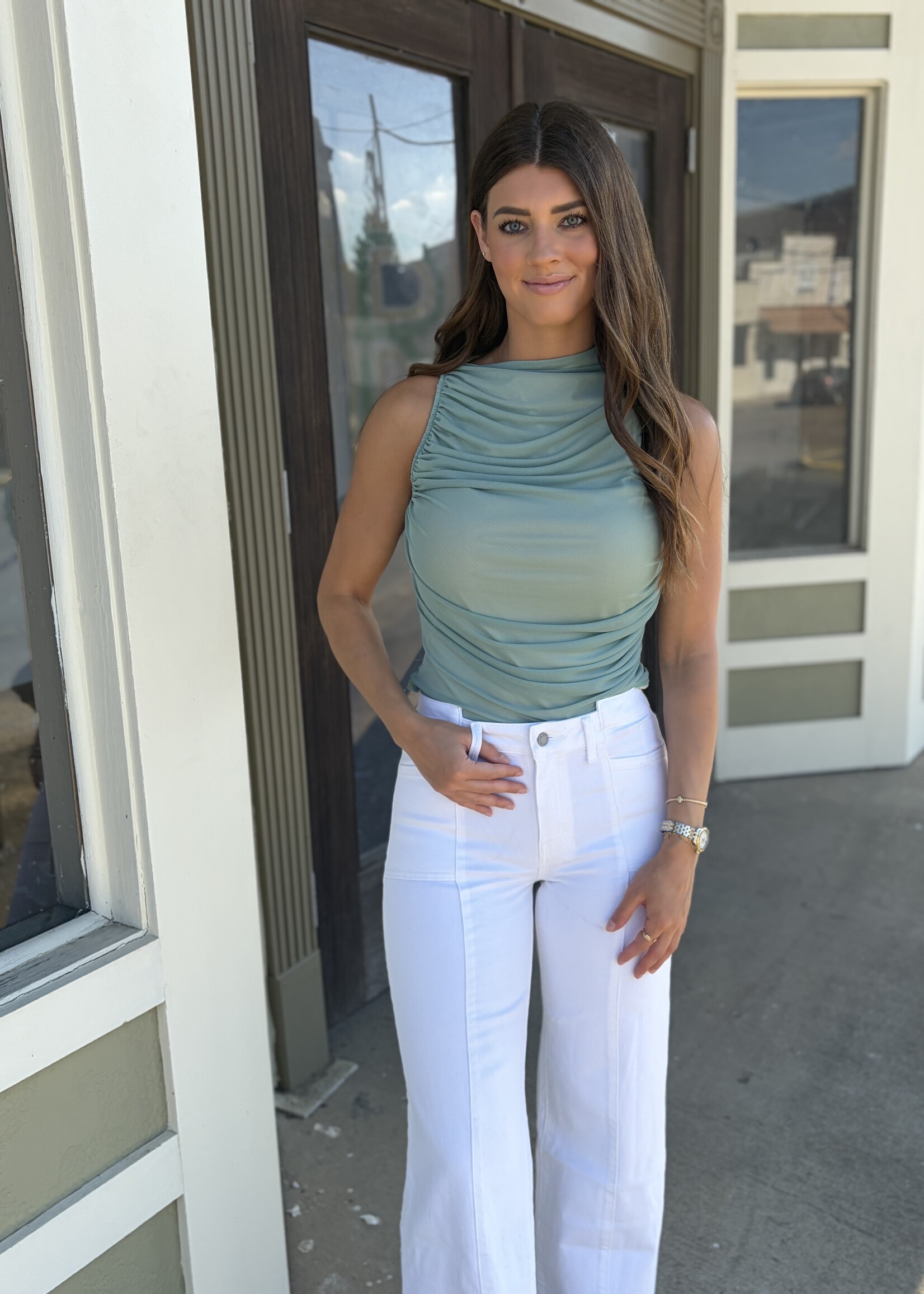 Fore Collection Sage Ruched Mesh Tank Top