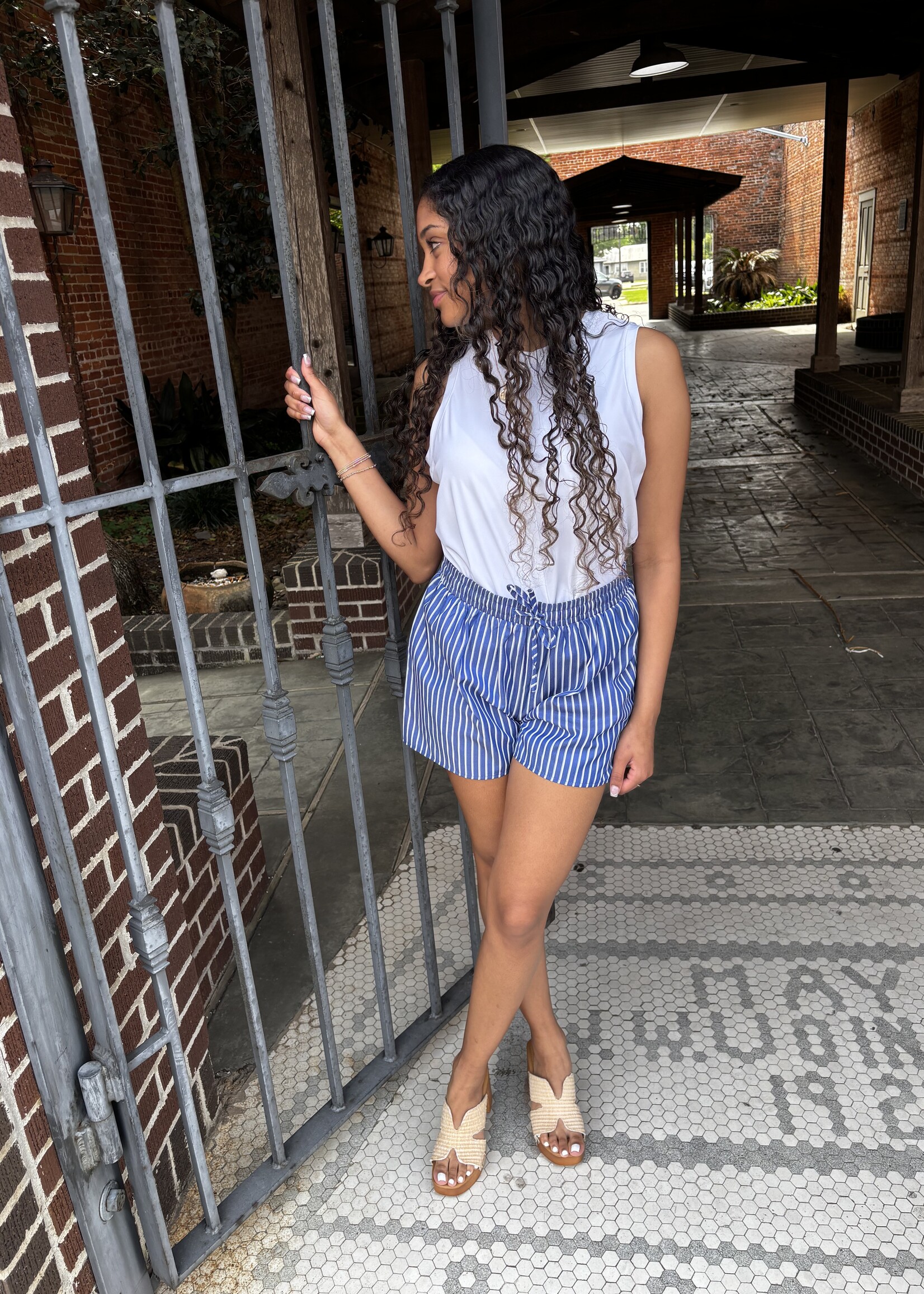 Sugarlips Blue & White Striped Drawstring Mini Shorts