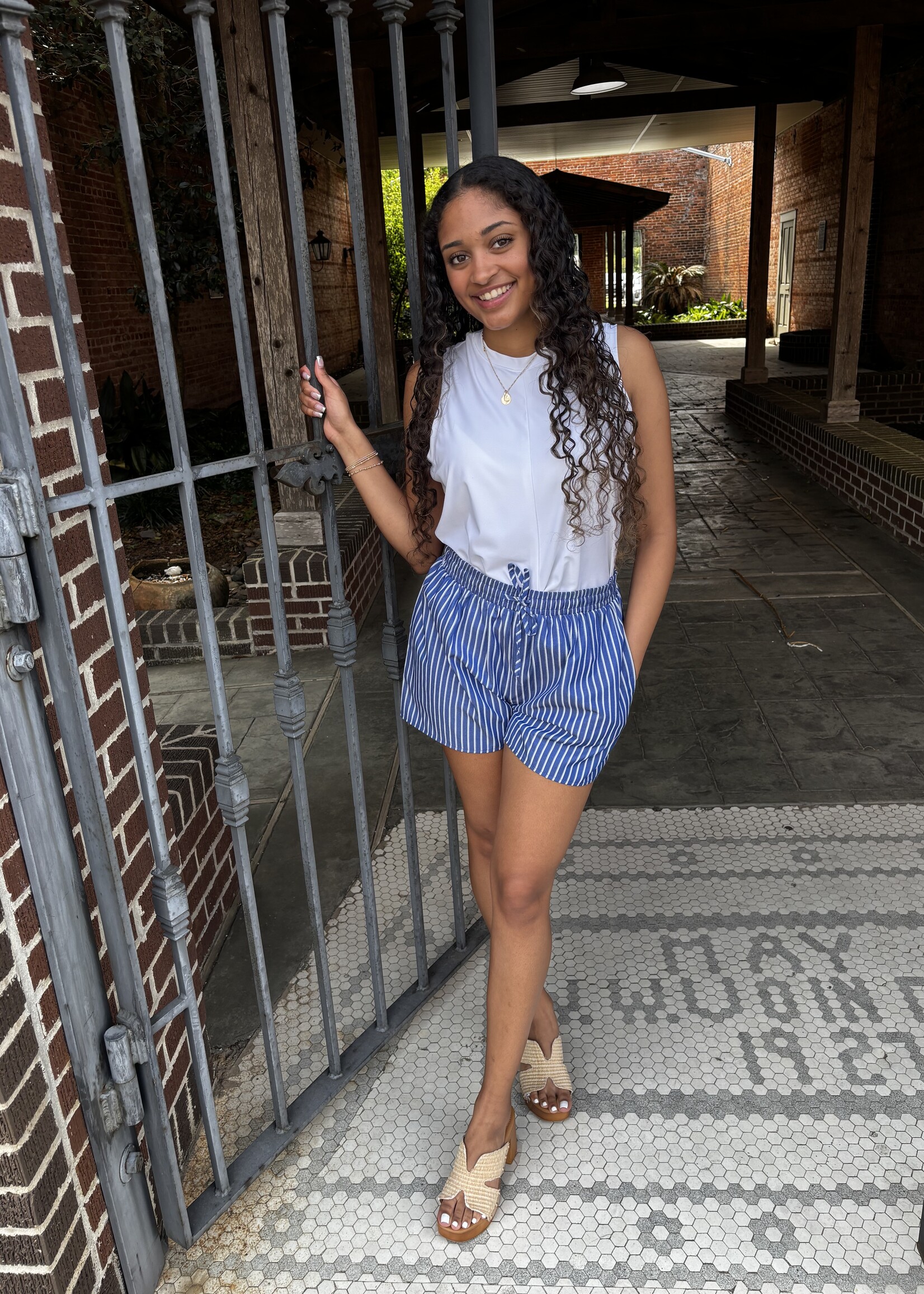 Sugarlips Blue & White Striped Drawstring Mini Shorts