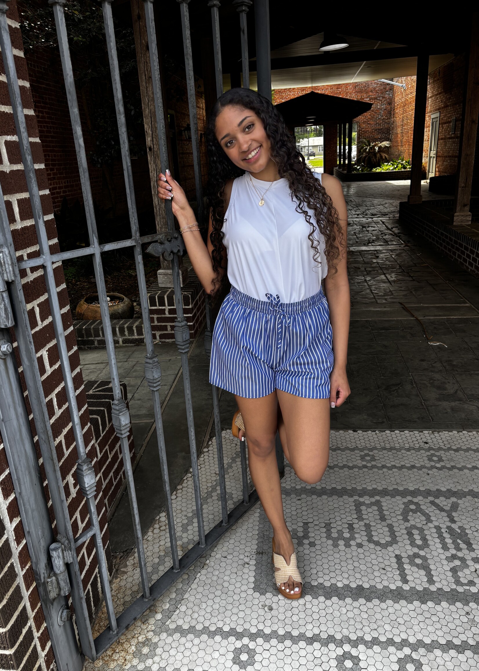 Sugarlips Blue & White Striped Drawstring Mini Shorts