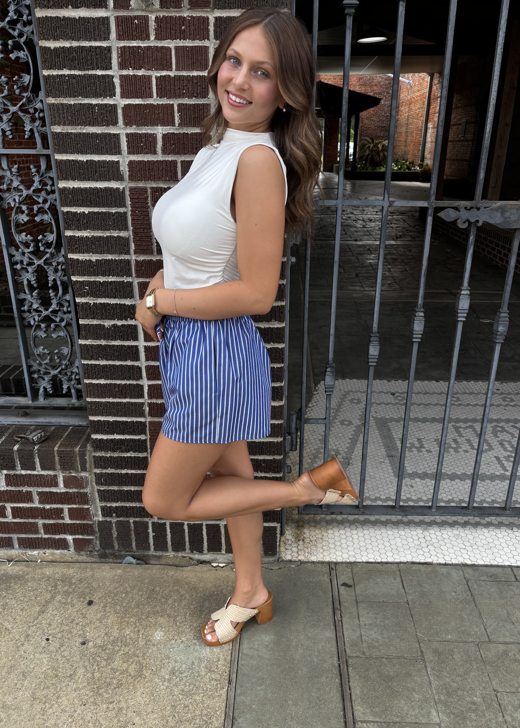 Sugarlips Blue & White Striped Drawstring Mini Shorts