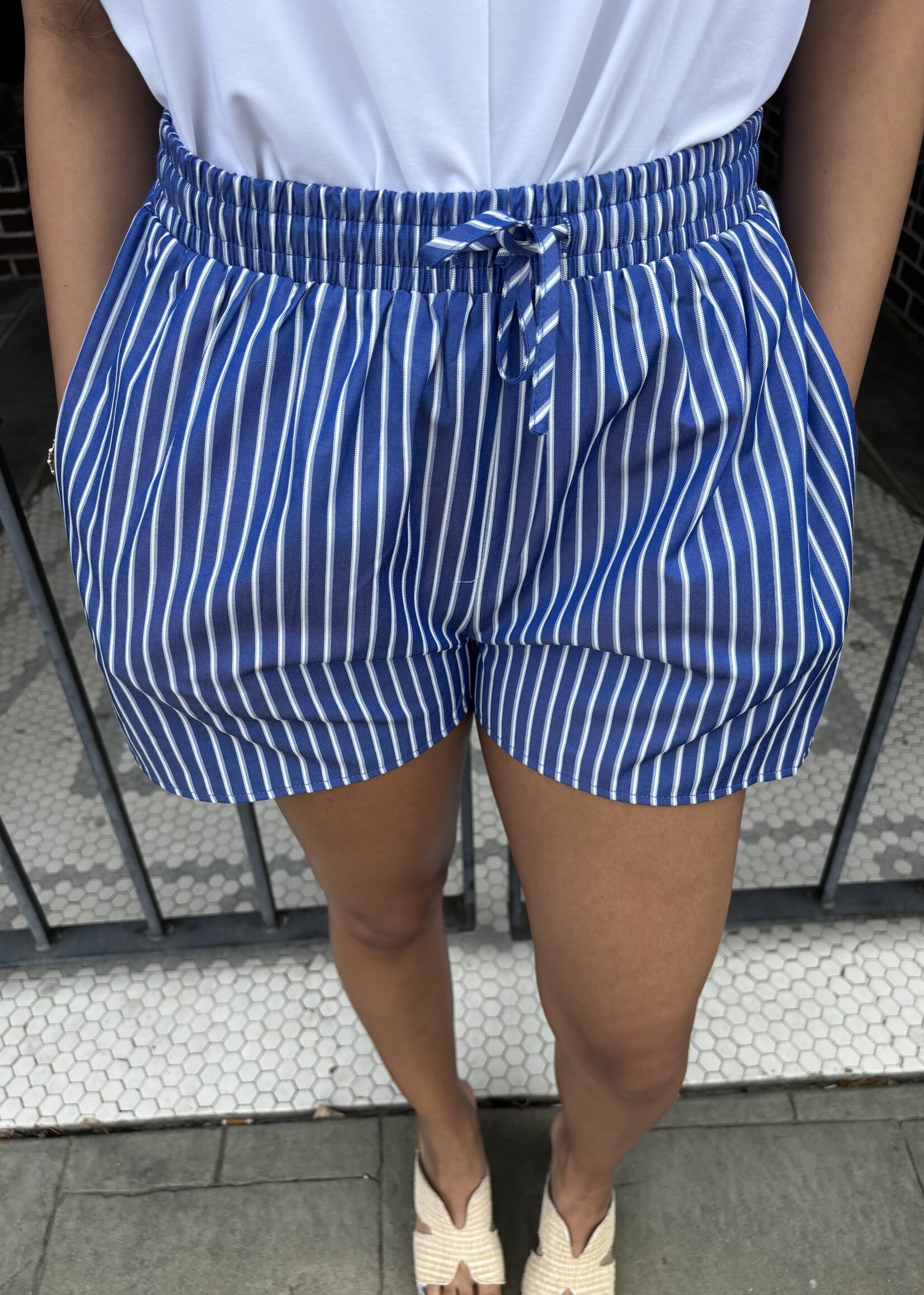 Sugarlips Blue & White Striped Drawstring Mini Shorts