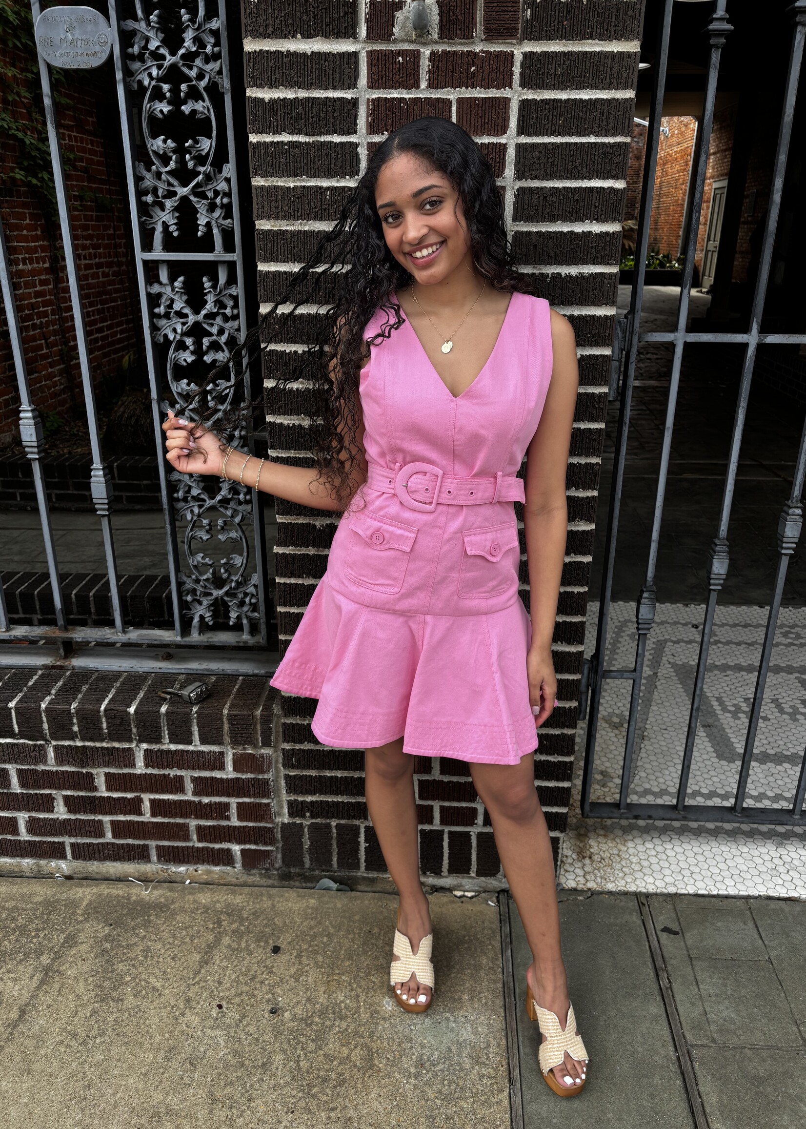 TCEC Pink V-Neck Belted Mini Dress