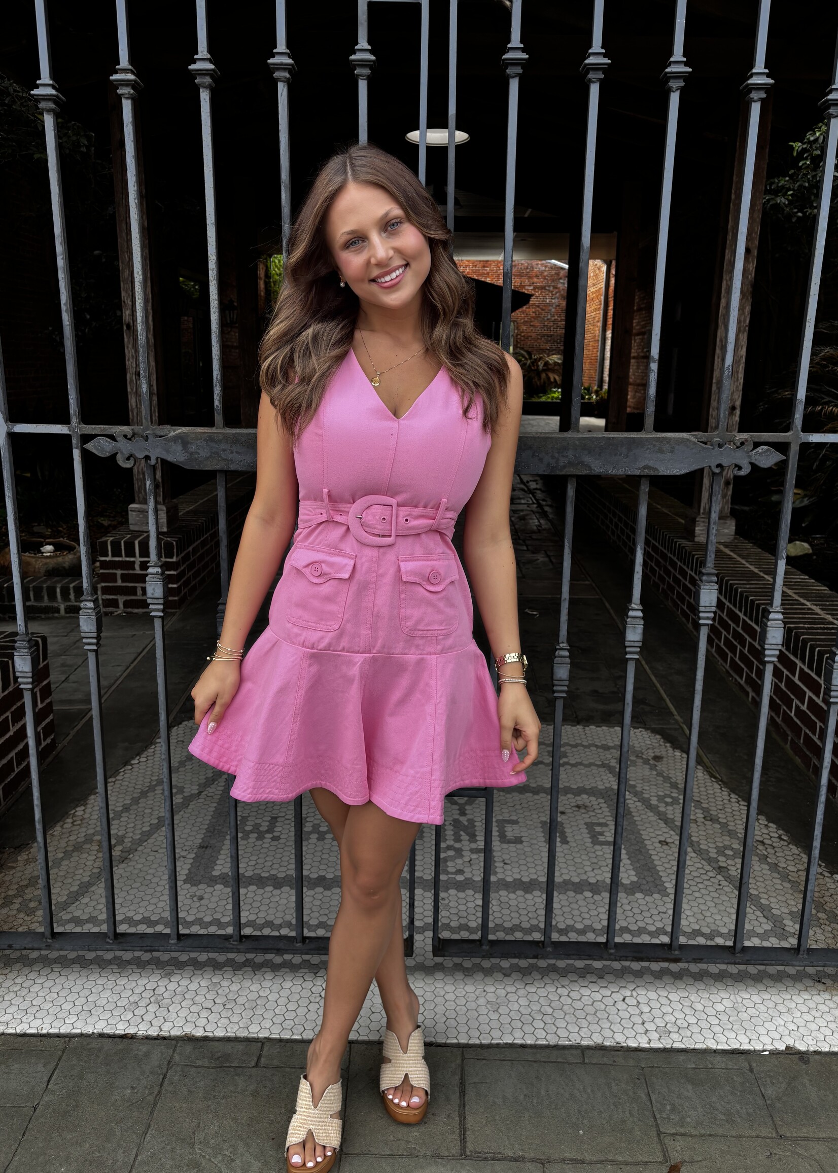 TCEC Pink V-Neck Belted Mini Dress