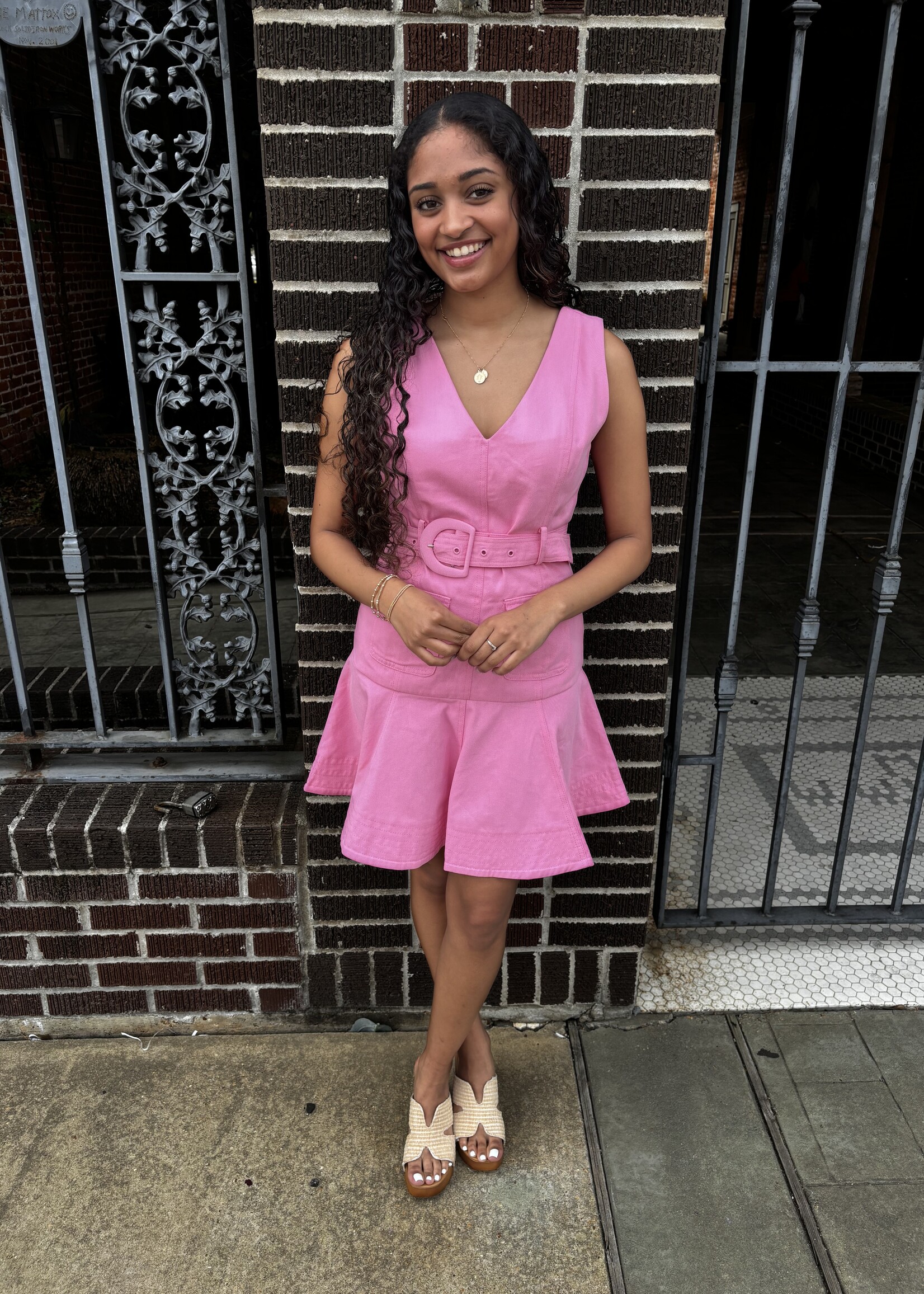 TCEC Pink V-Neck Belted Mini Dress