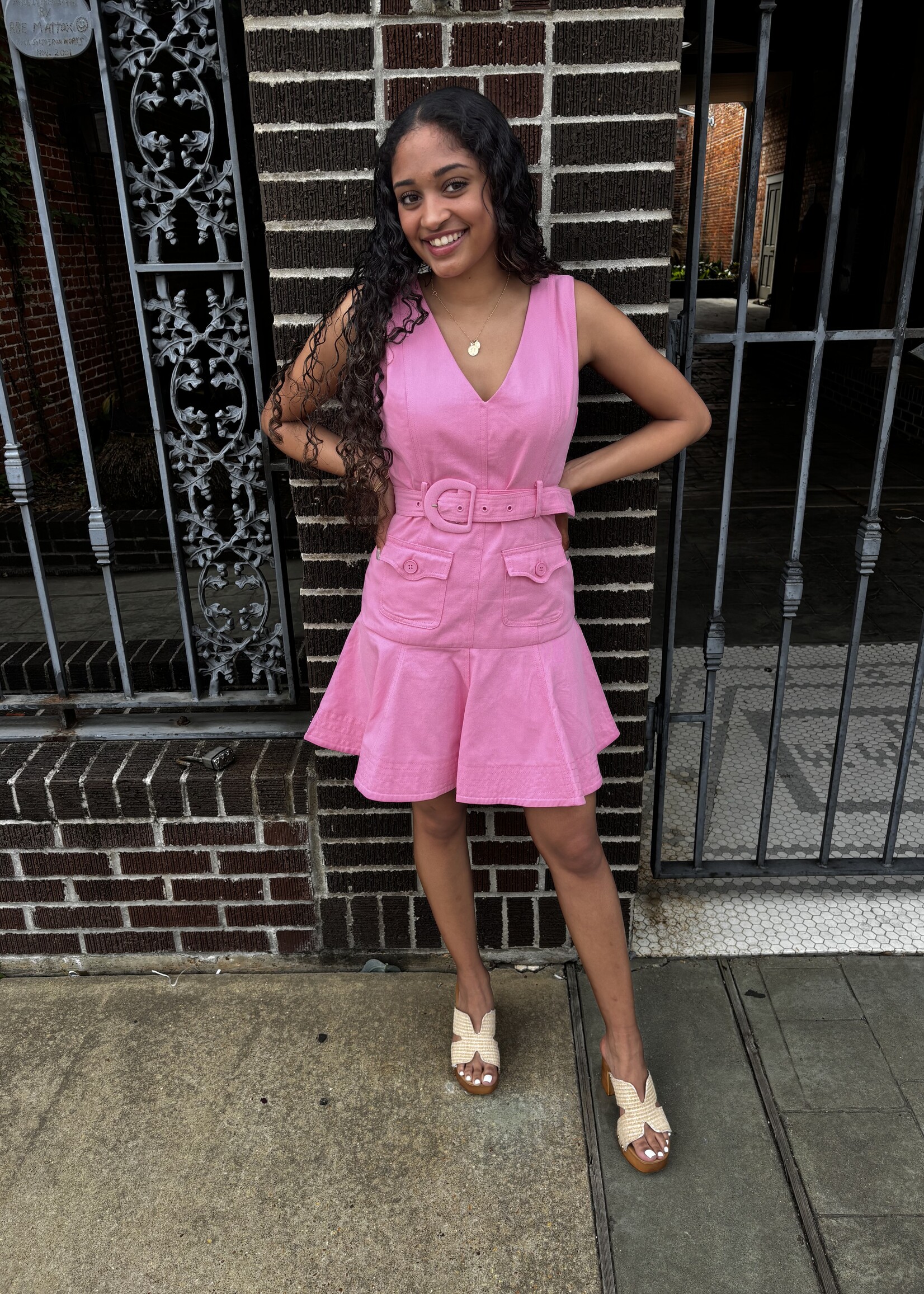 TCEC Pink V-Neck Belted Mini Dress