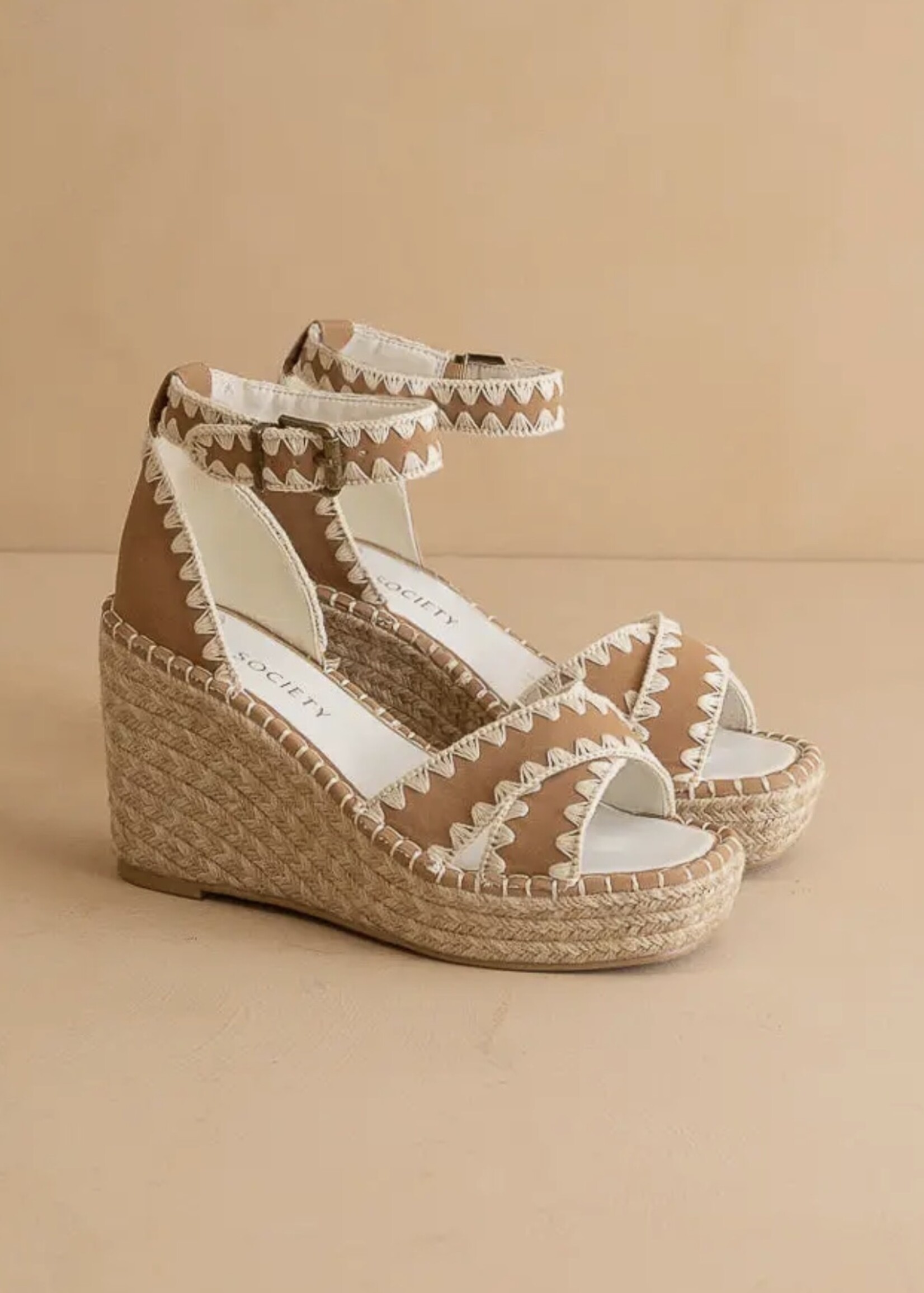 Oasis Society Camel Wedge w/ Embroidered Straps