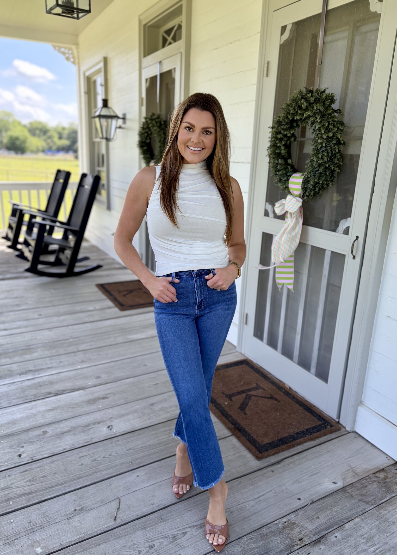 Fore Collection White Ruched Mesh Tank Top