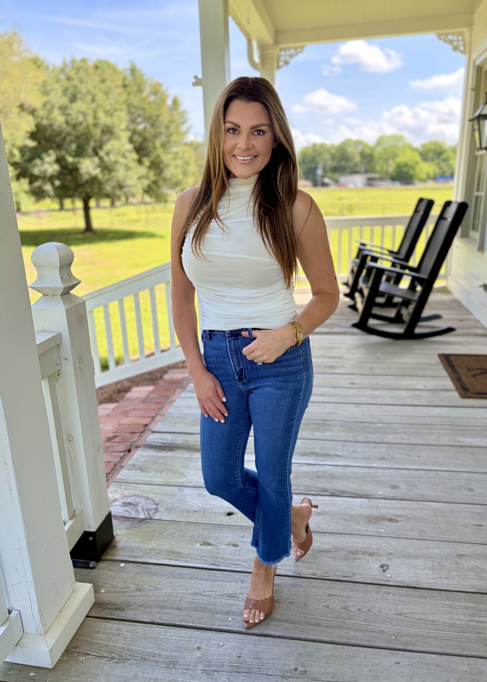 Fore Collection White Ruched Mesh Tank Top