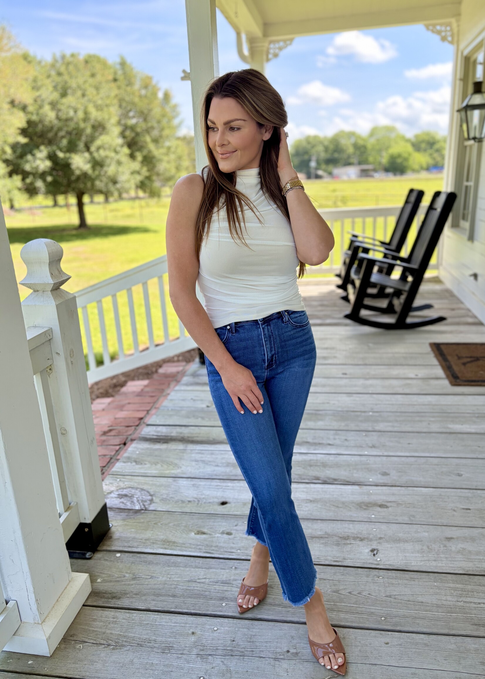 Fore Collection White Ruched Mesh Tank Top