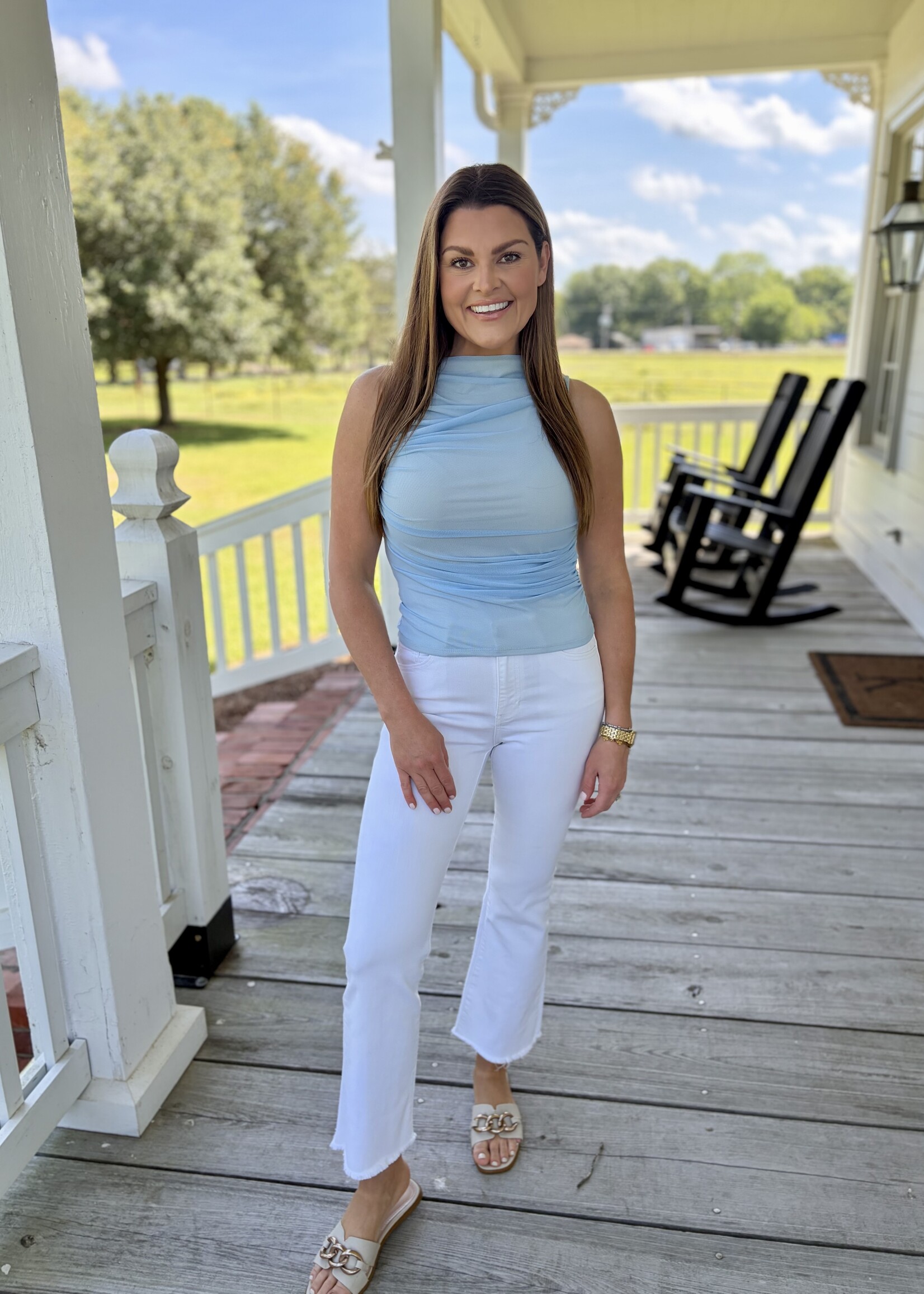 Fore Collection Blue Ruched Mesh Tank Top