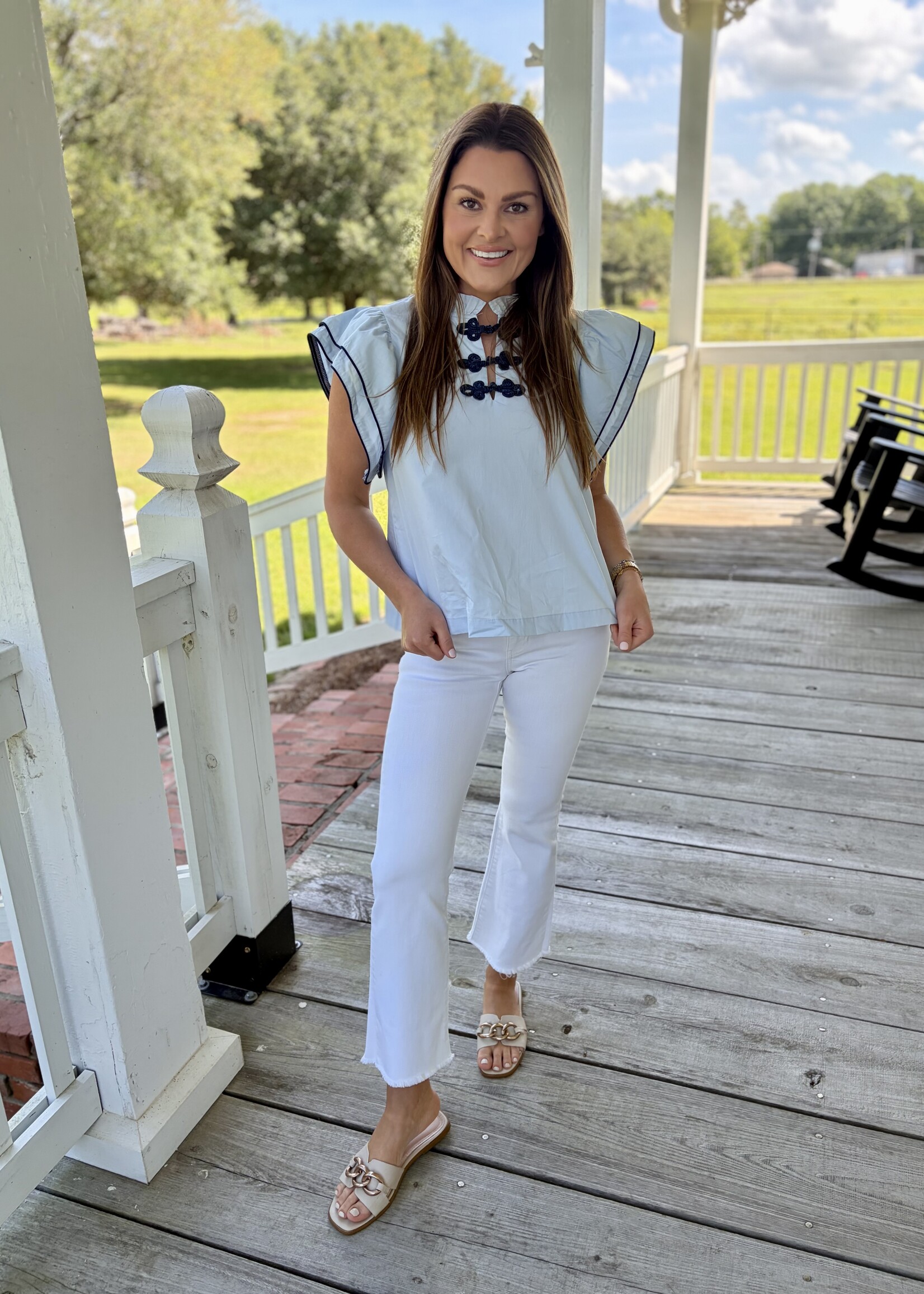 TCEC Blue Ruffle Layered Flutter Blouse