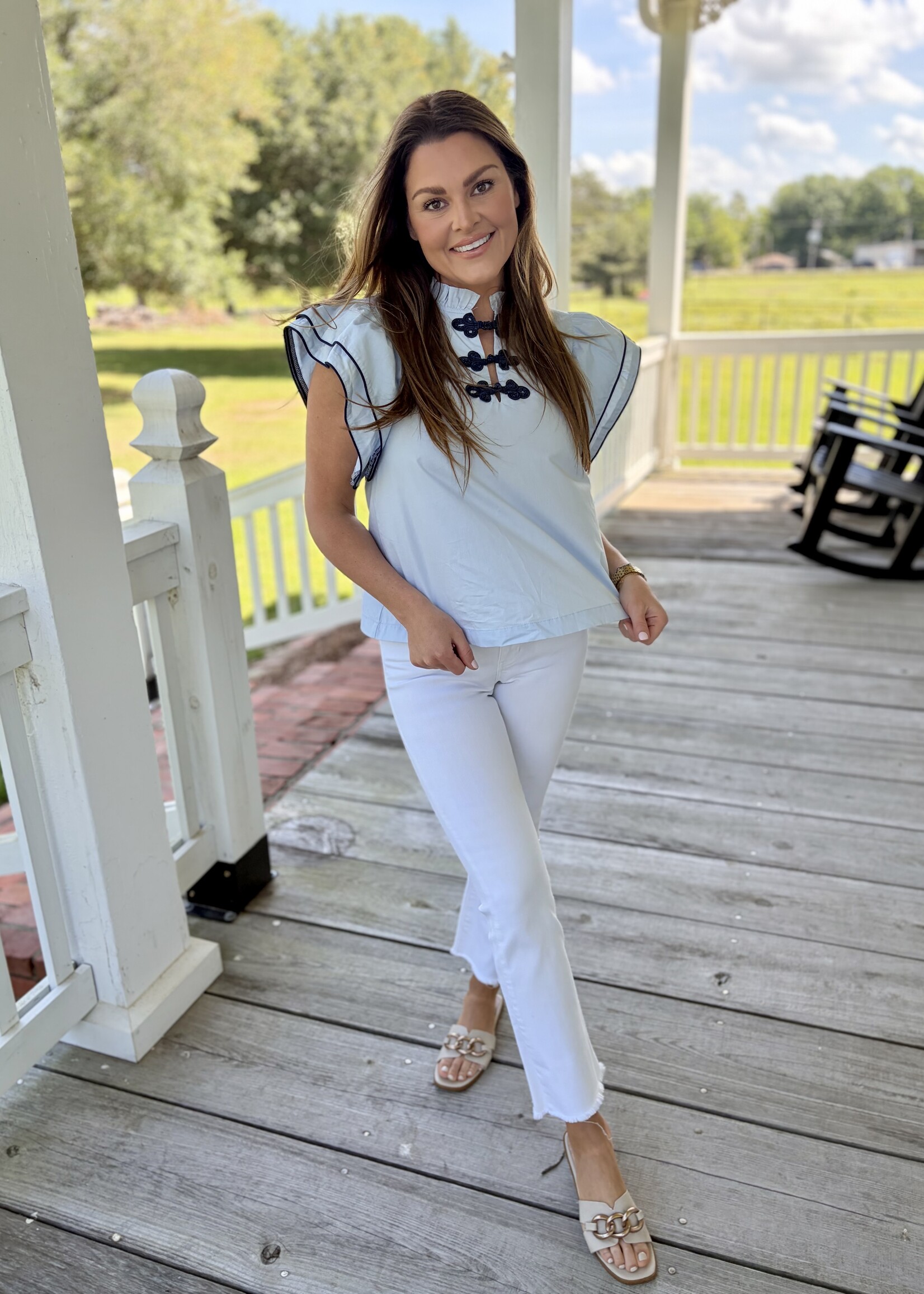 TCEC Blue Ruffle Layered Flutter Blouse