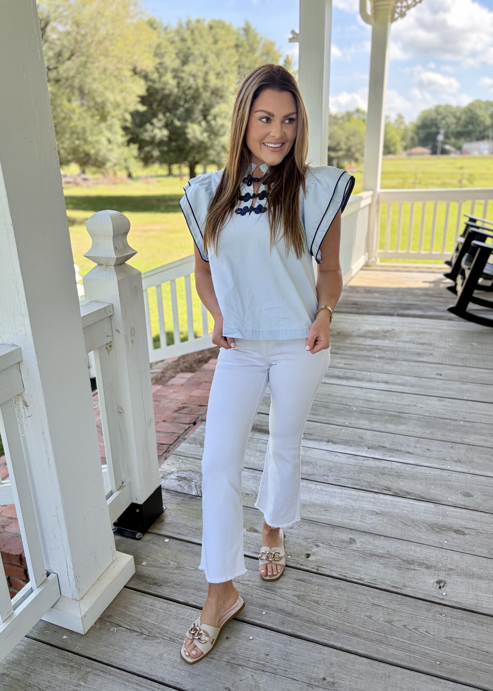 TCEC Blue Ruffle Layered Flutter Blouse