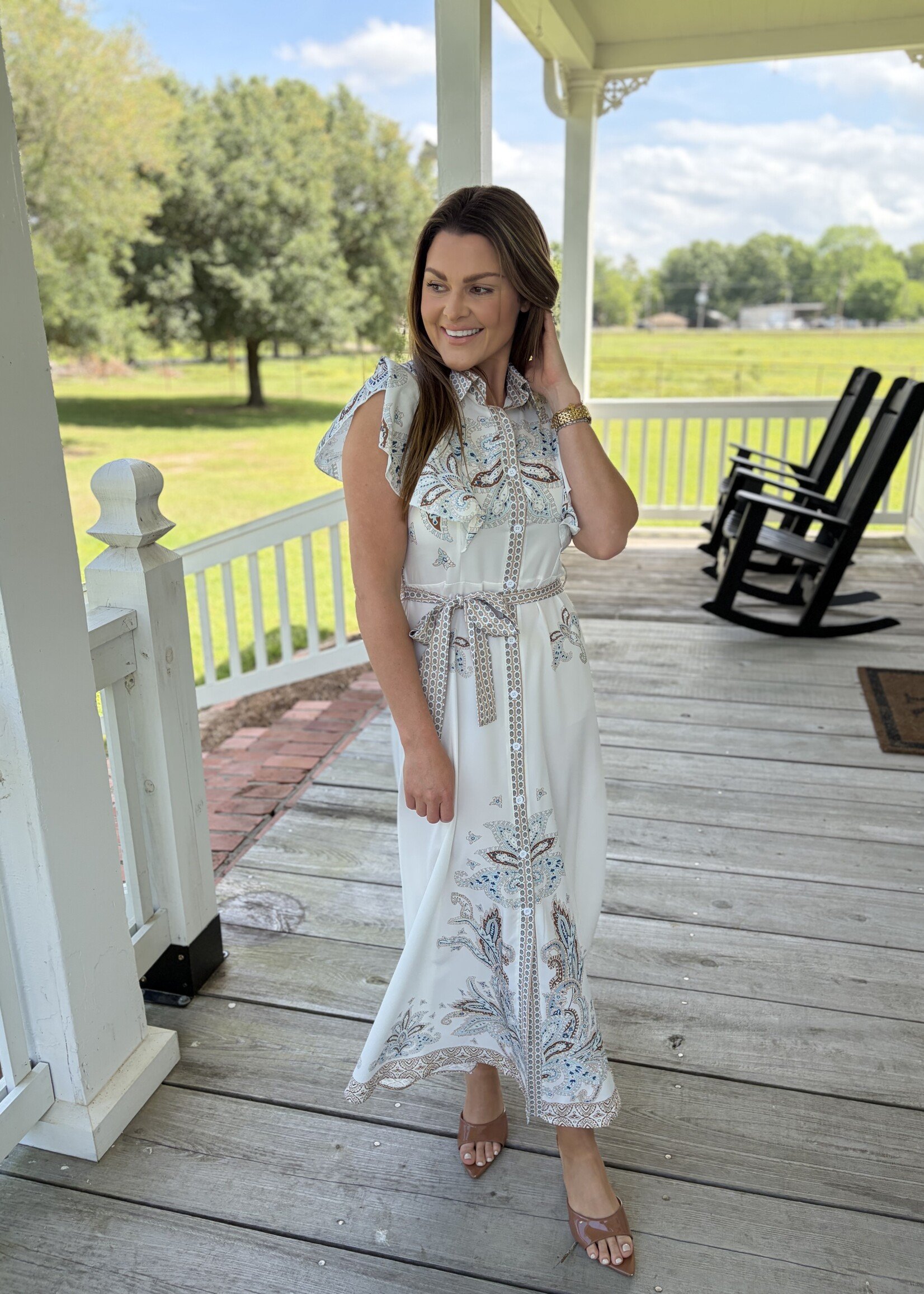 Rosa Clothing White Retro Paisley Print Collared Maxi Dress