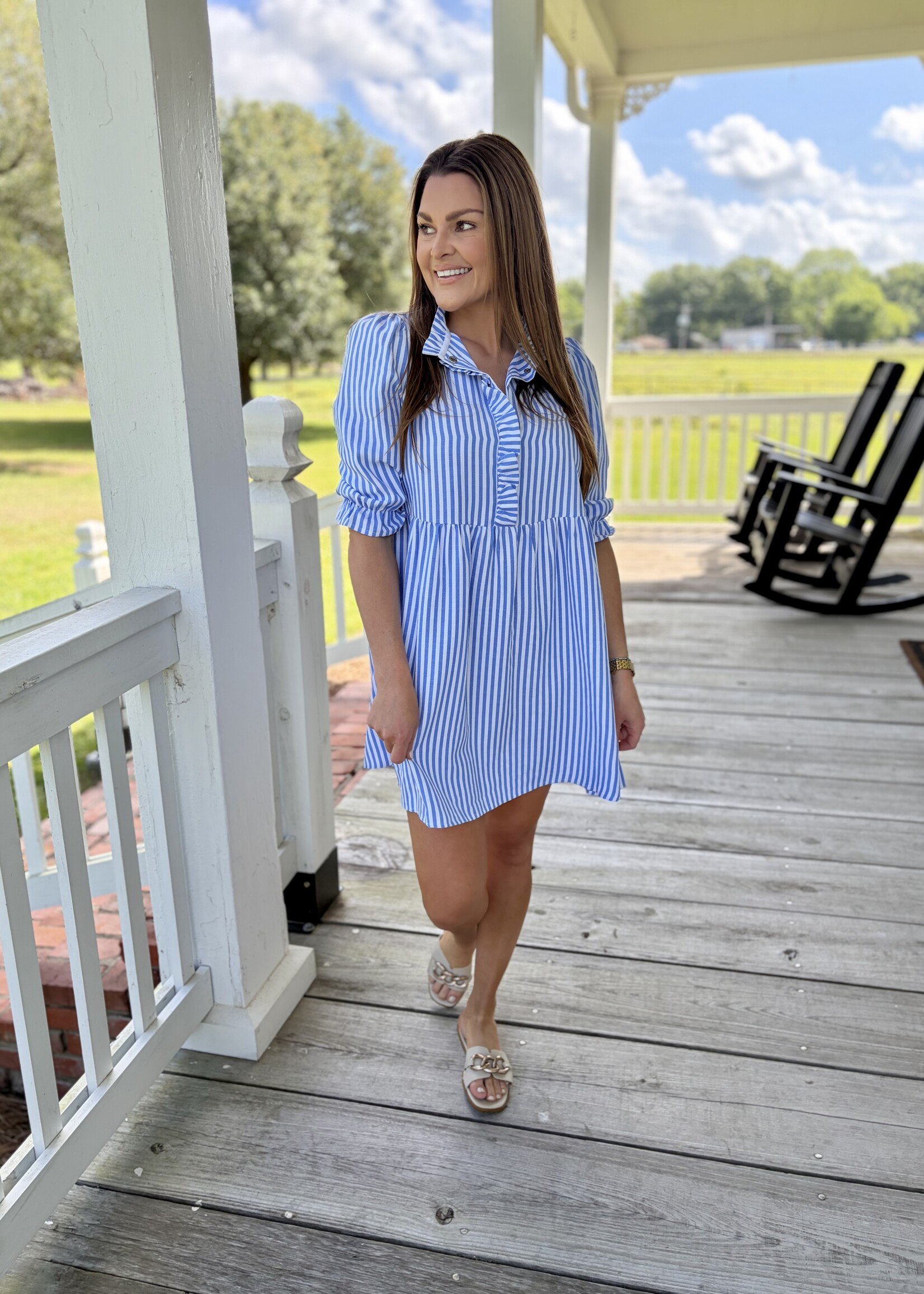 Rosa Clothing Blue Puff Sleeve Collar Striped Mini Dress