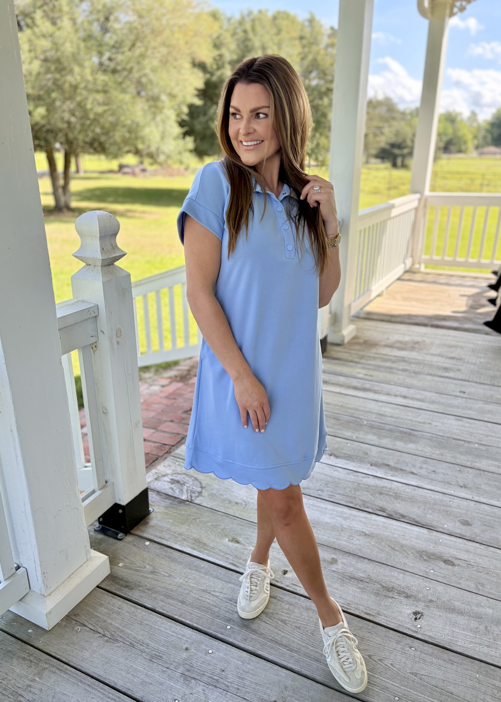 LA Society Blue Solid Snap Button Scallop Mini Dress