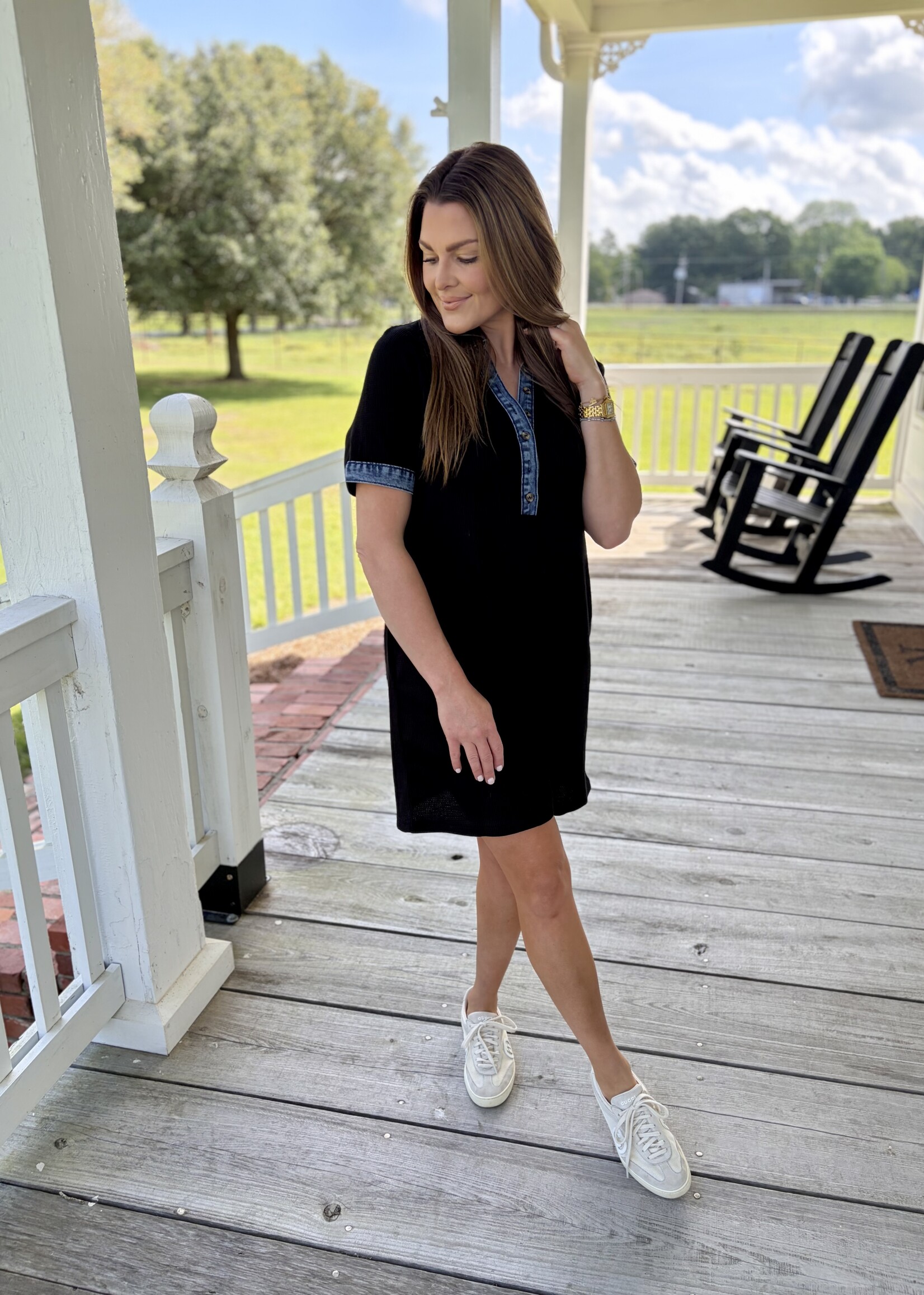 Little Daisy Closet Black Knit w/ Denim Trim Dress