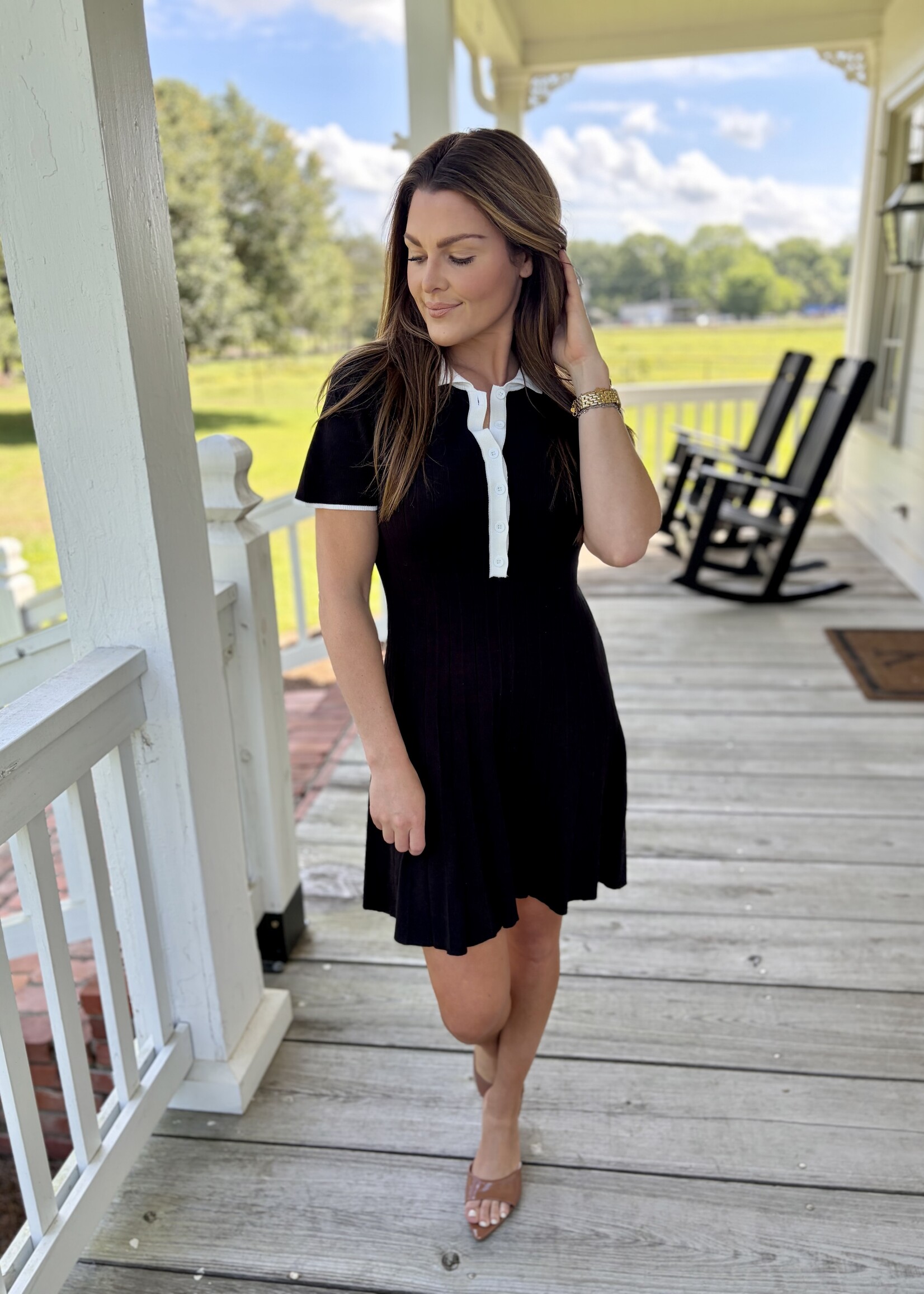 TCEC Black Polo Collar Detail Knit Mini Dress