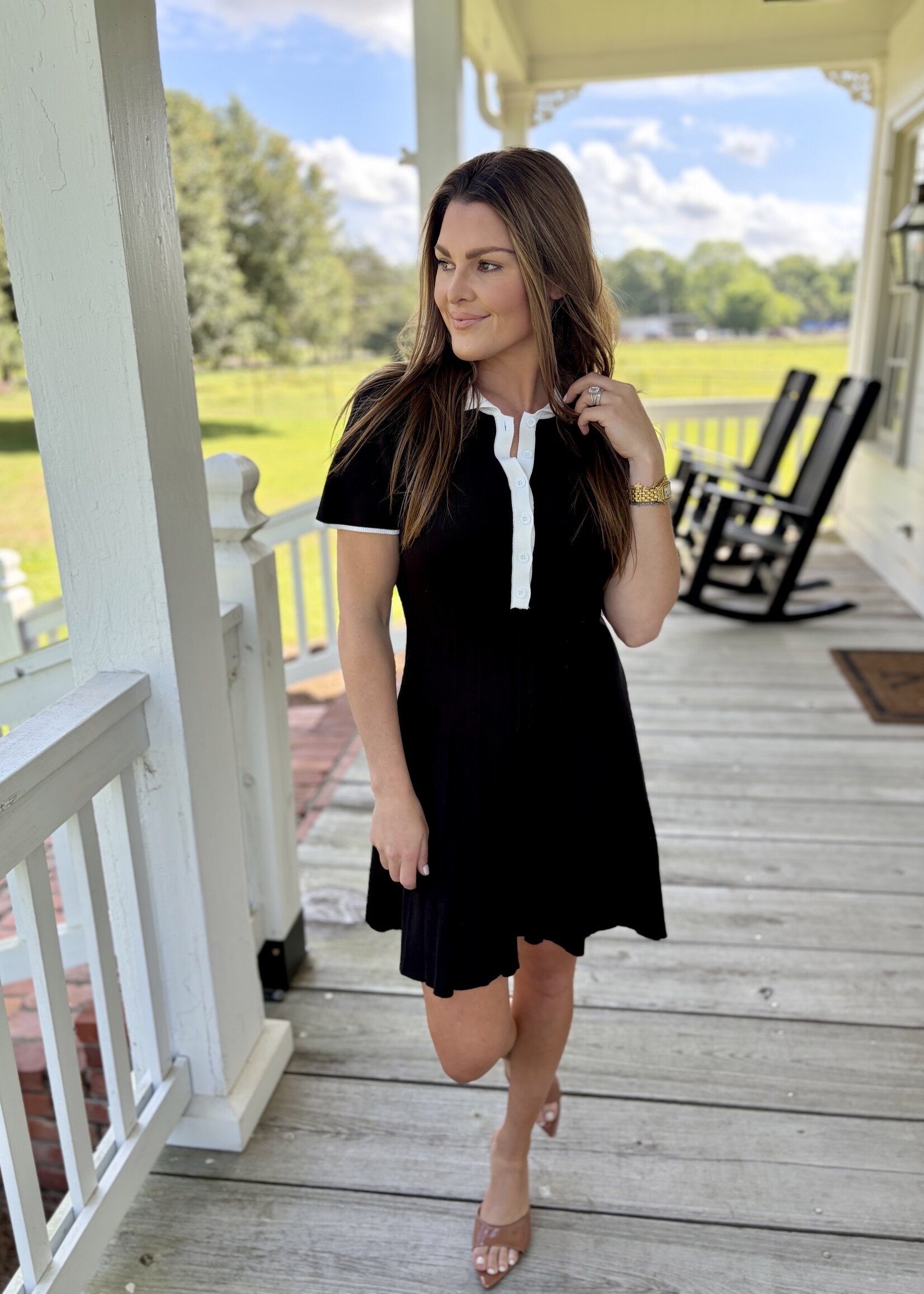 TCEC Black Polo Collar Detail Knit Mini Dress