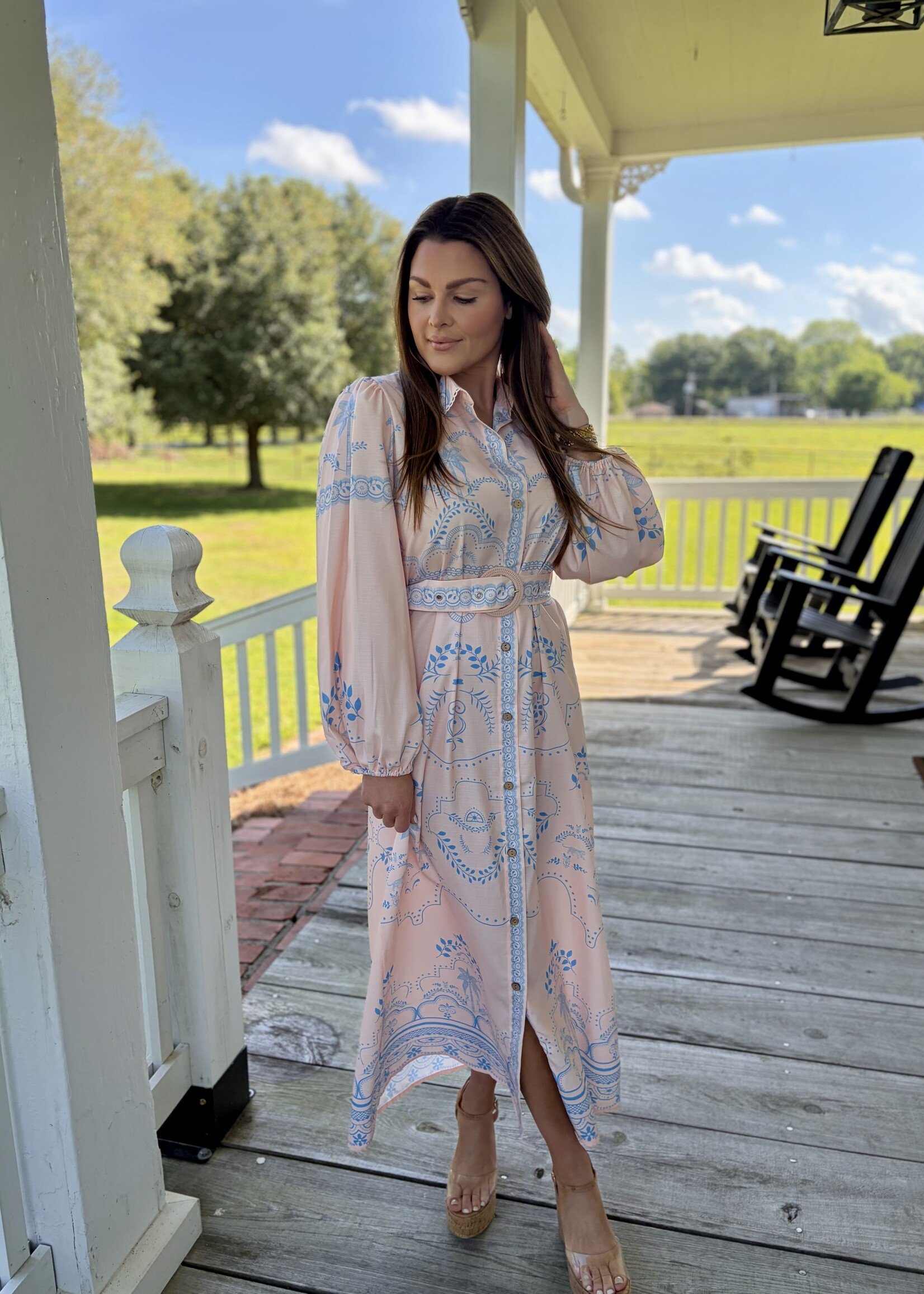 Rosa Clothing Pink & Blue Vacation Print Belted Long-Sleeve Dress