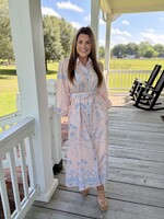 Rosa Clothing Pink & Blue Vacation Print Belted Long-Sleeve Dress