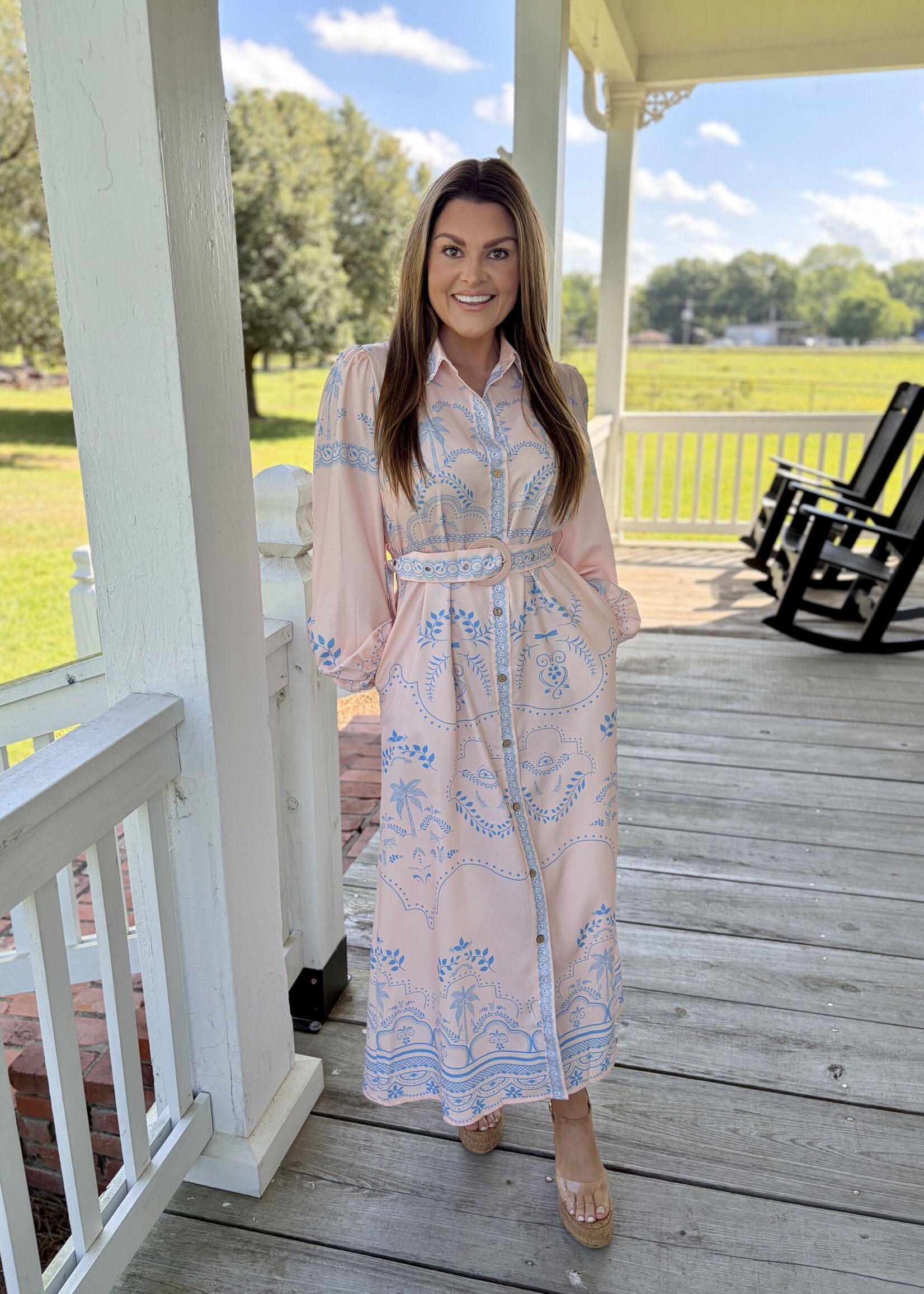 Rosa Clothing Pink & Blue Vacation Print Belted Long-Sleeve Dress