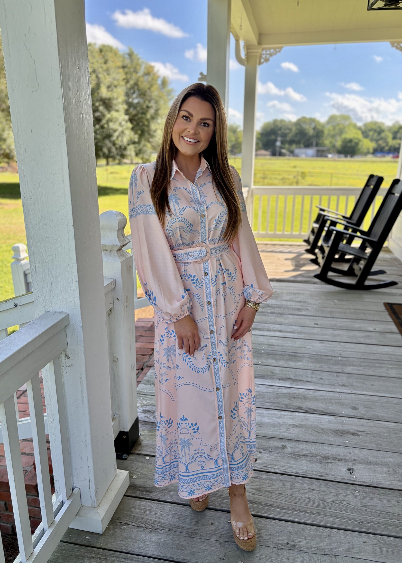 Rosa Clothing Pink & Blue Vacation Print Belted Long-Sleeve Dress
