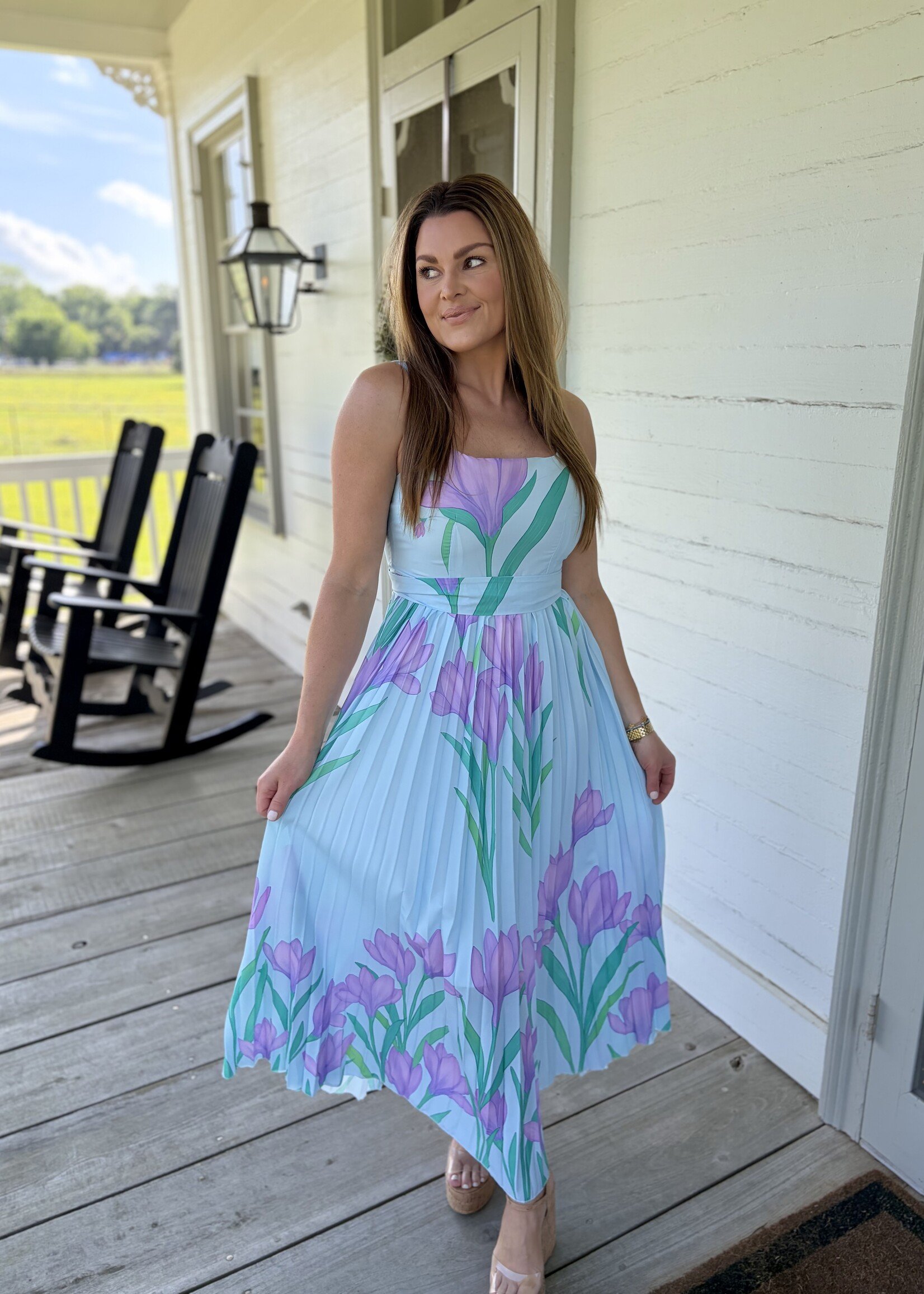 Rosa Clothing Blue Floral Pleated Maxi Dress