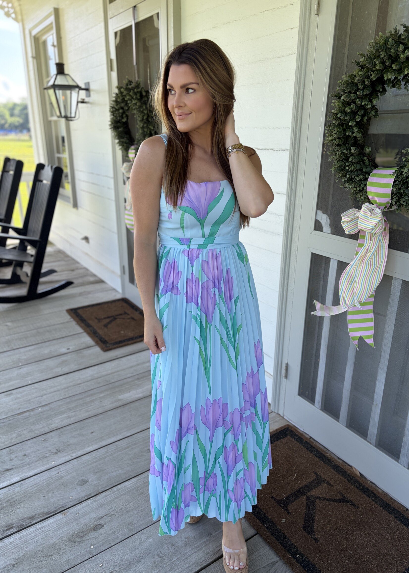 Rosa Clothing Blue Floral Pleated Maxi Dress