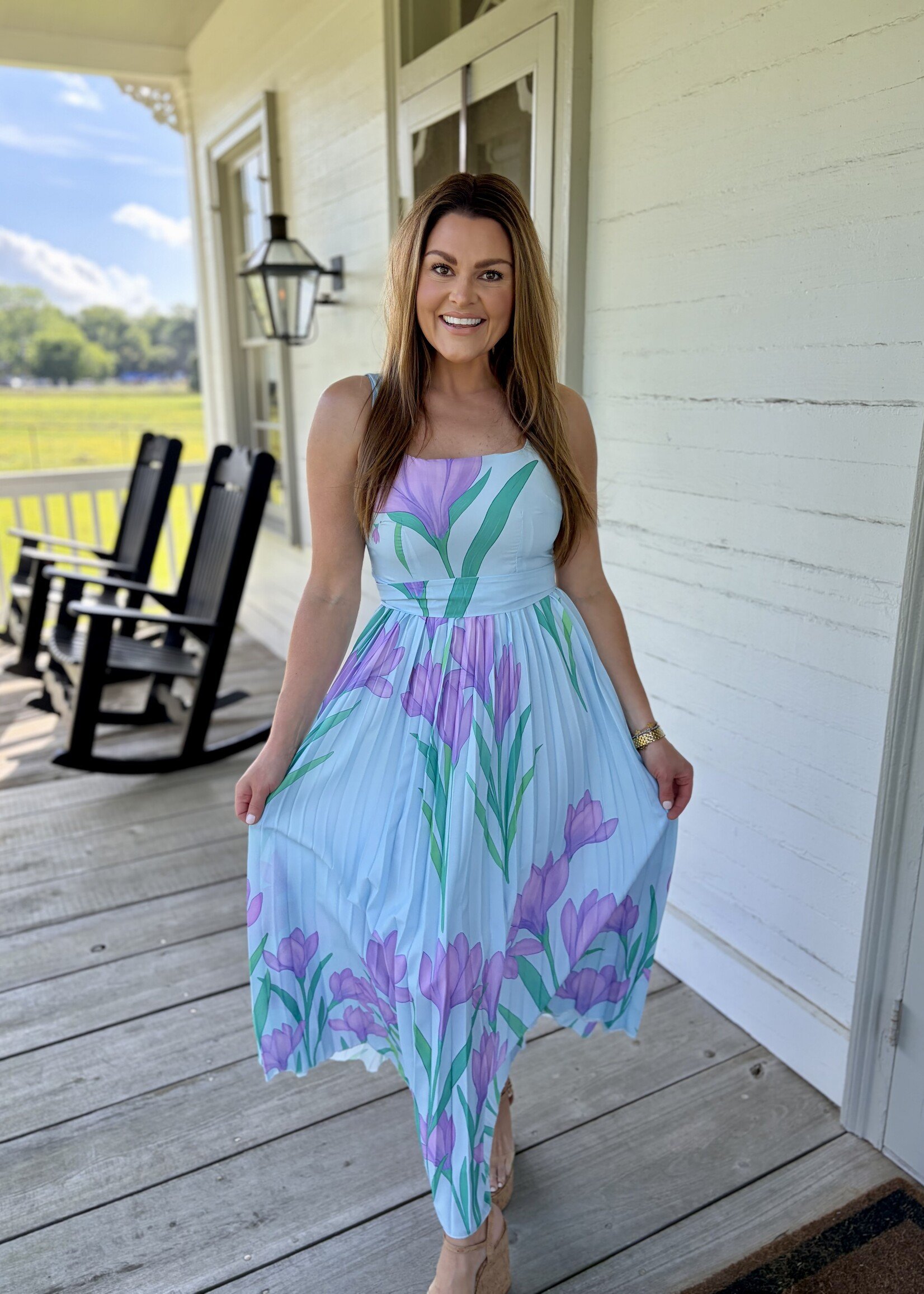 Rosa Clothing Blue Floral Pleated Maxi Dress