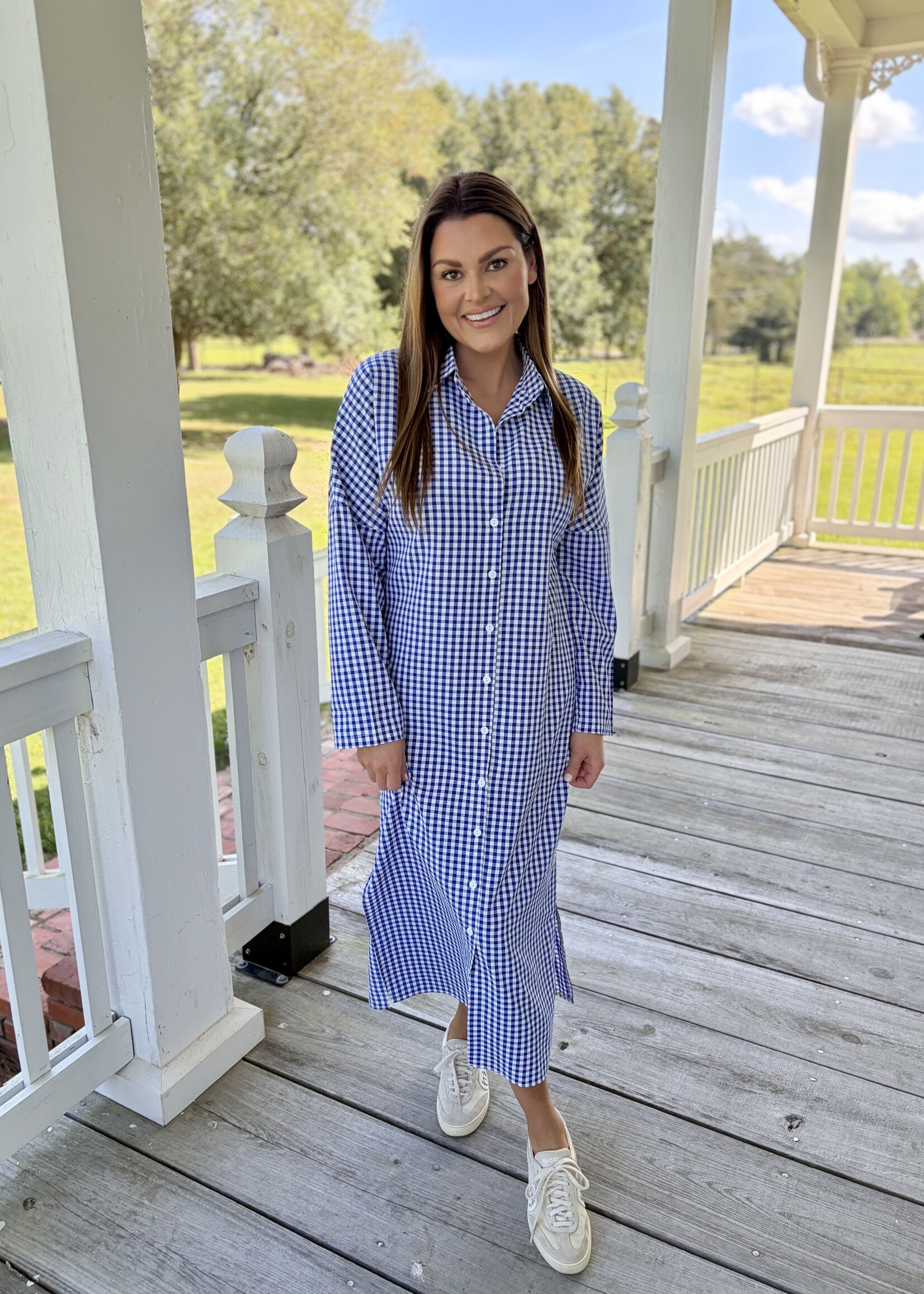 Rosa Clothing Blue Gingham Maxi Long-Sleeved Shirt Dress