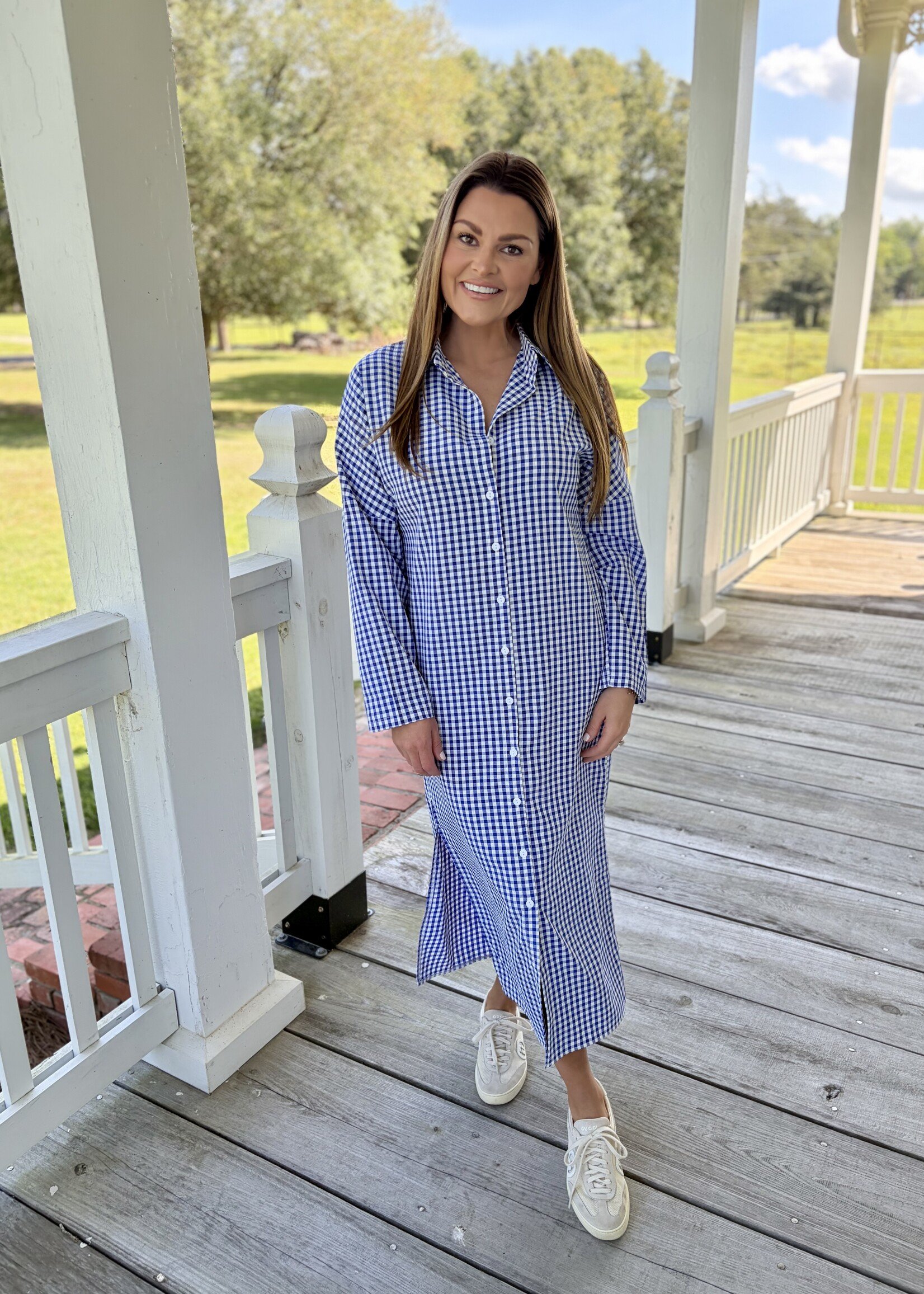 Rosa Clothing Blue Gingham Maxi Long-Sleeved Shirt Dress