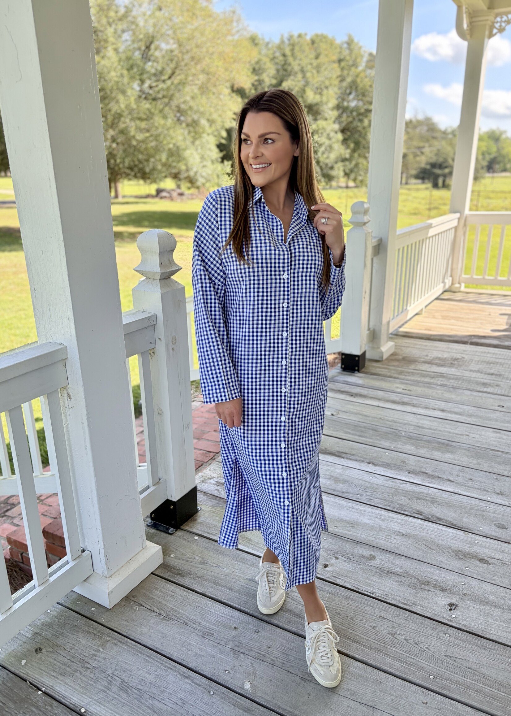 Rosa Clothing Blue Gingham Maxi Long-Sleeved Shirt Dress